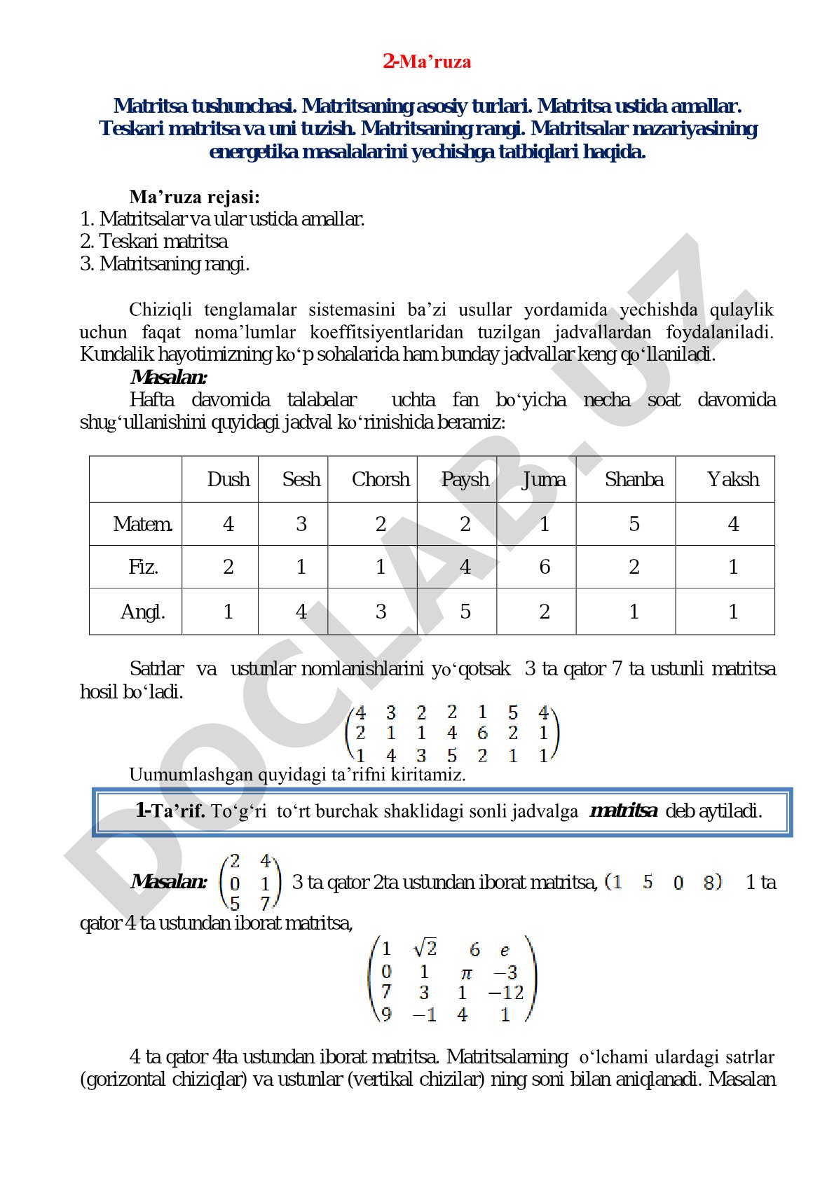 Matritsa tushunchasi va ular ustida amallar