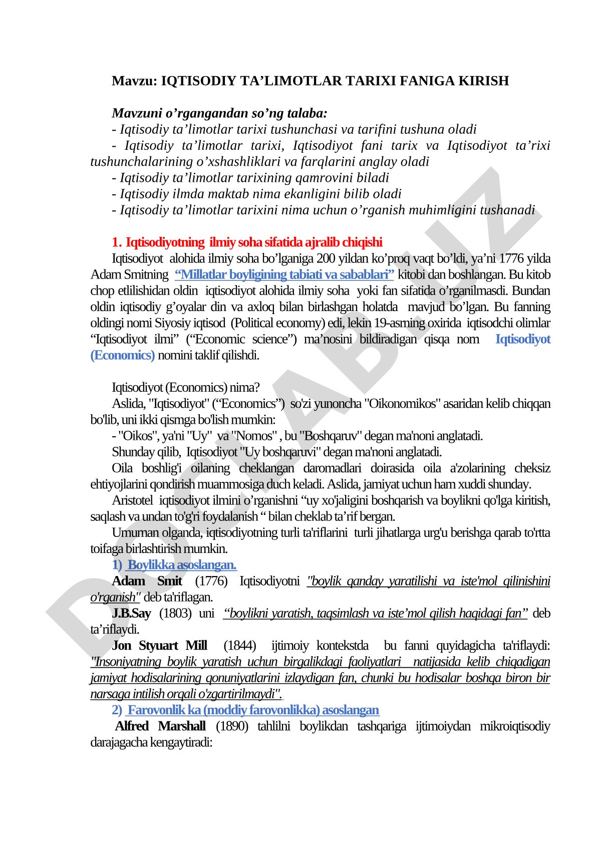 Iqtisodiy ta’limotlar tarixi faniga kirish