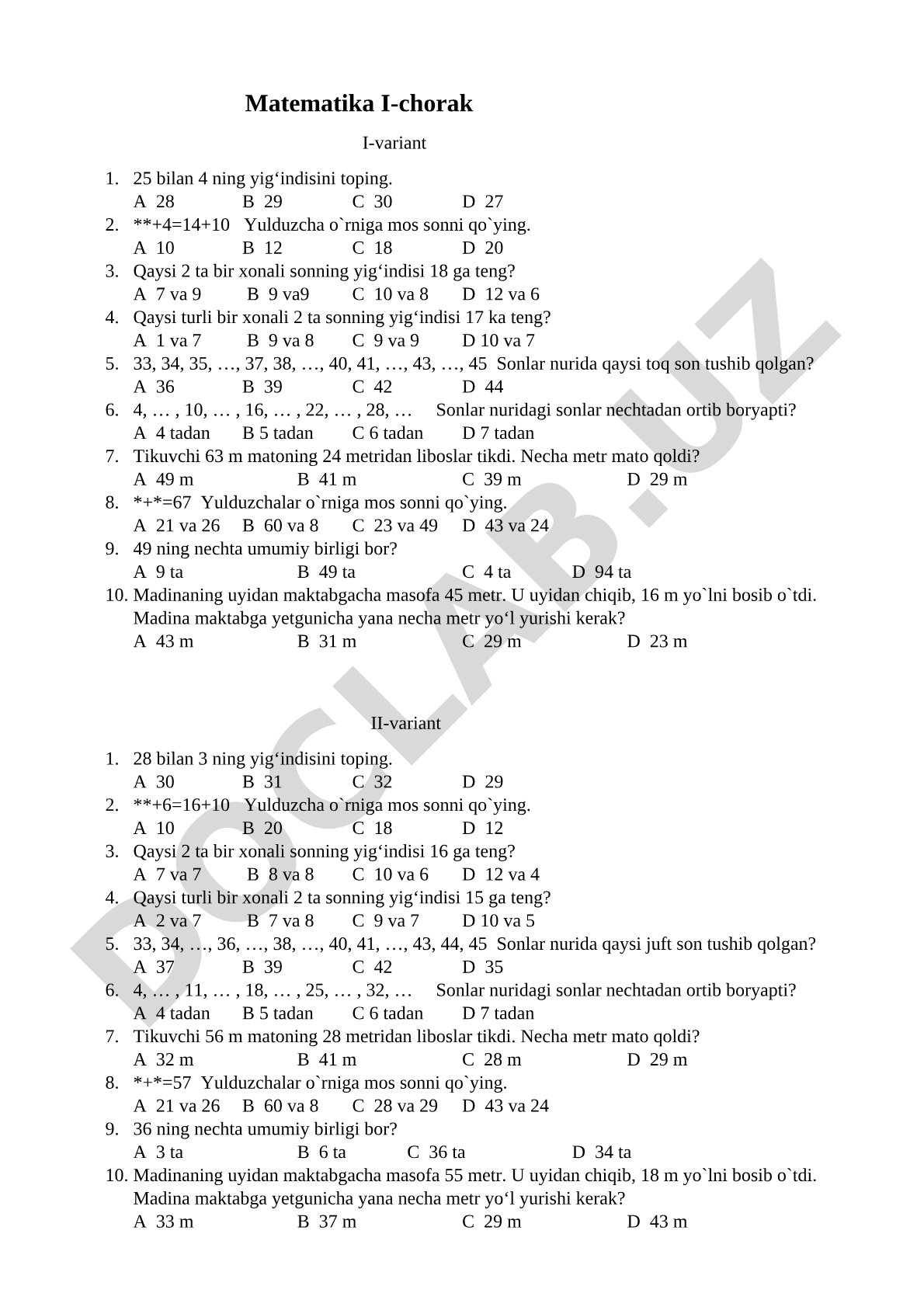 Matematika I-chorak I va II variantlar uchun test savollari