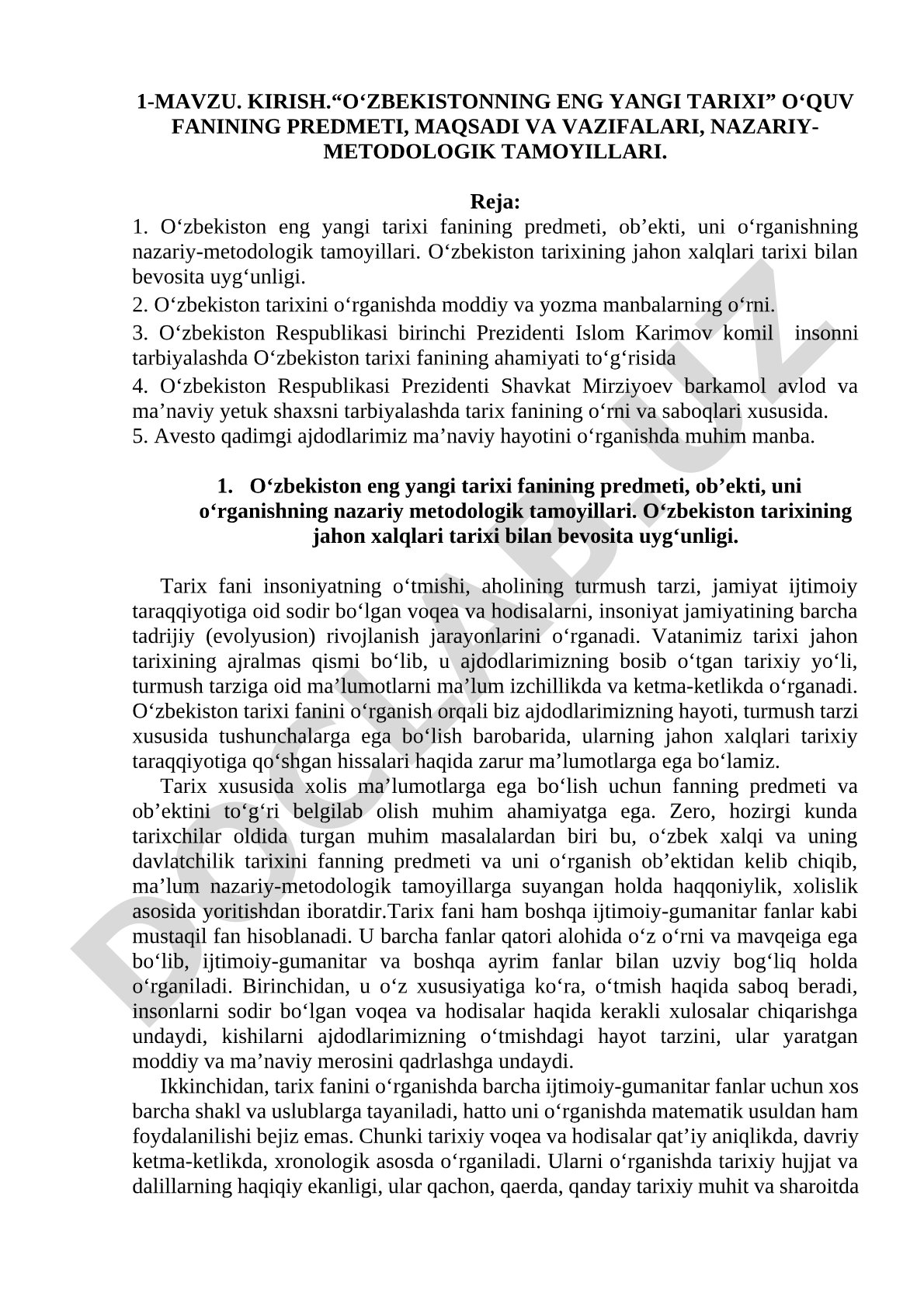 O‘zbekistonning eng yangi tarixi fanining predmeti, maqsadi va vazifalari