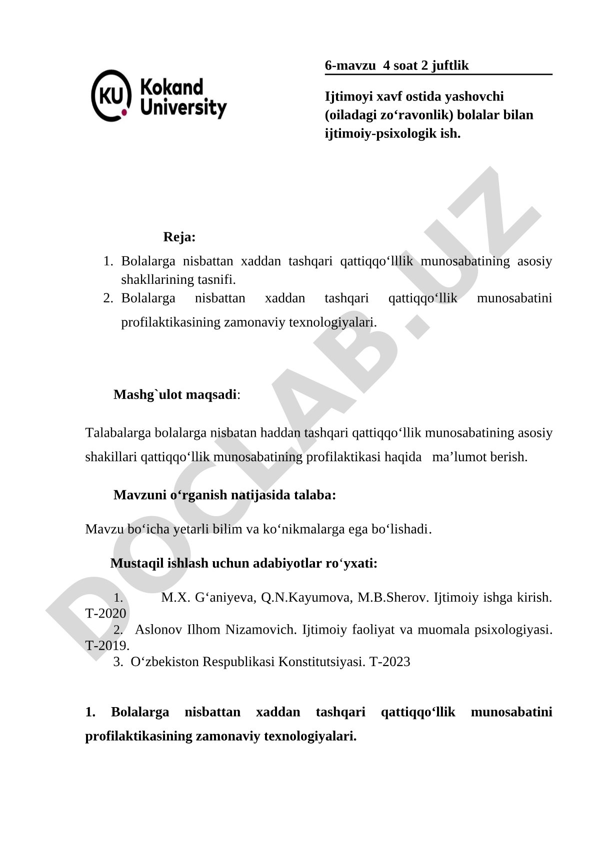Ijtimoyi xavf ostida yashovchi (oiladagi zo‘ravonlik) bolalar bilan ijtimoiy-psixologik ish