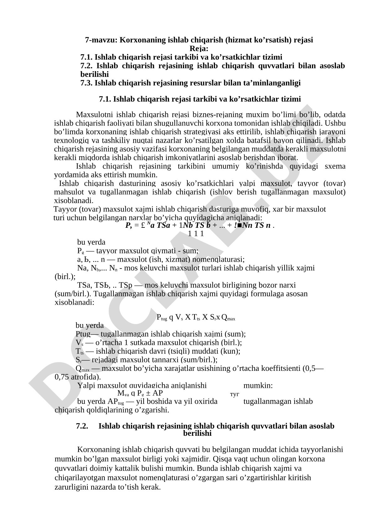 Korxonaning ishlab chiqarish (hizmat ko’rsatish) rejasi
