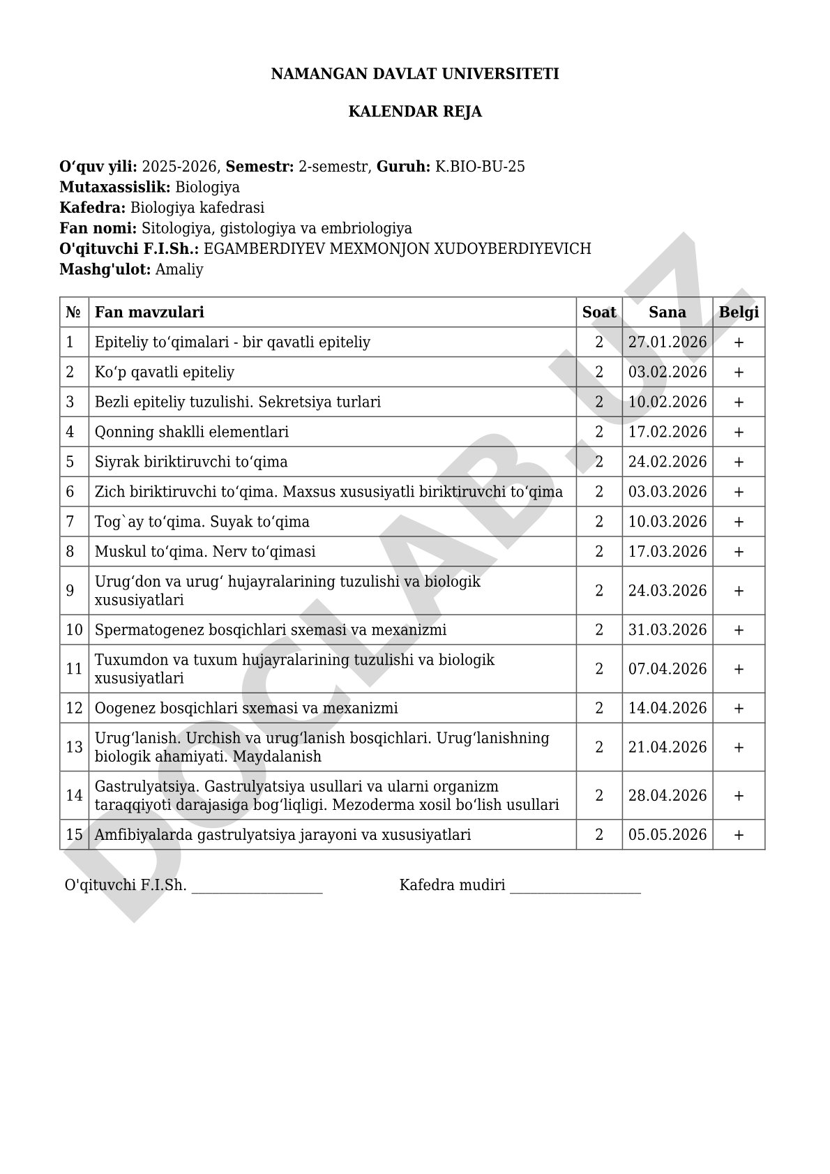 Sitologiya, gistologiya va embriologiya fanidan kalendar reja