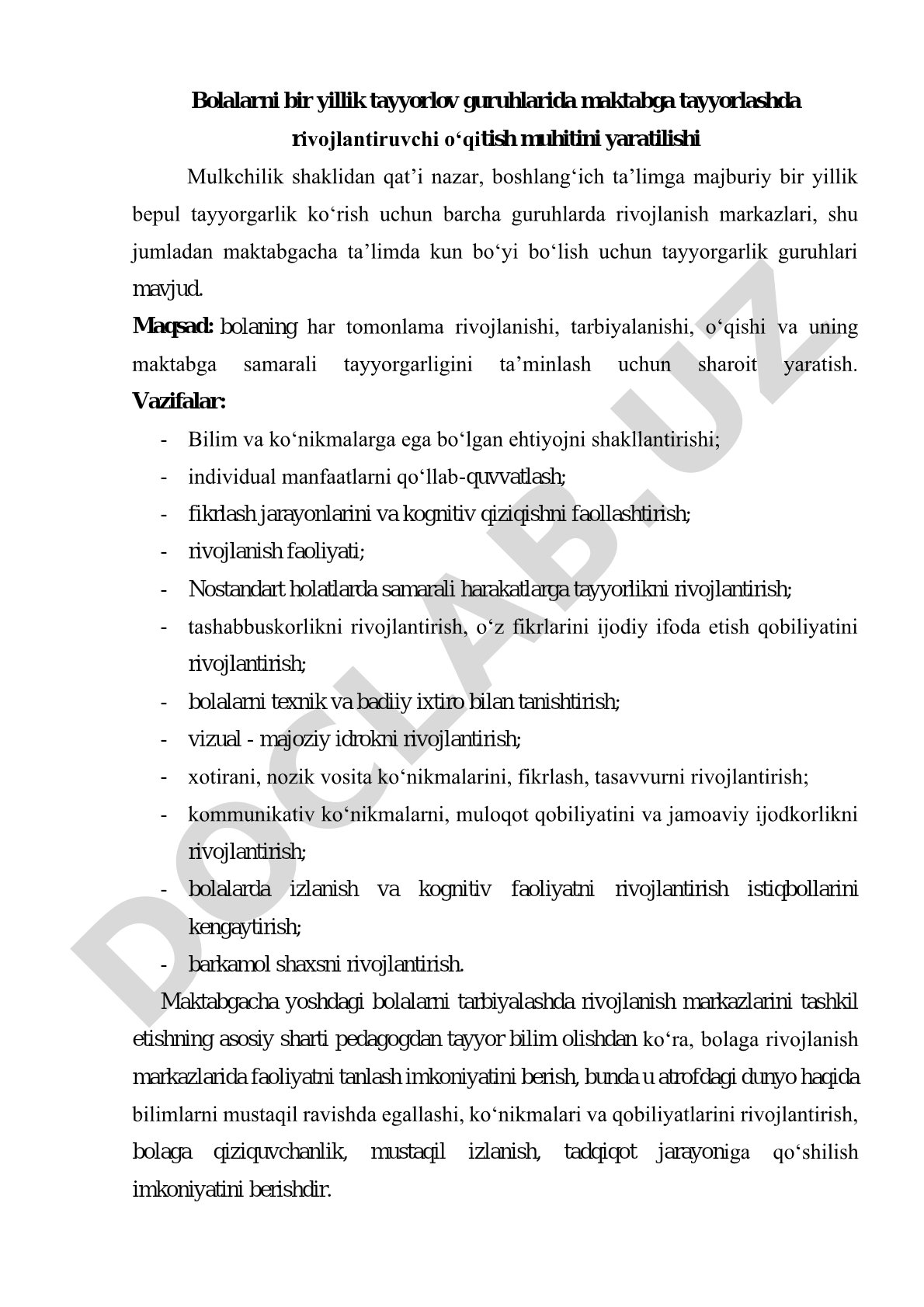 Bolalarni bir yillik tayyorlov guruhlarida maktabga tayyorlashda rivojlantiruvchi o‘qitish muhitini yaratilishi