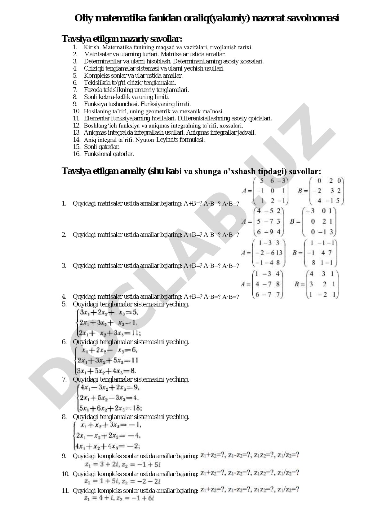Oliy matematika fanidan nazorat savollari