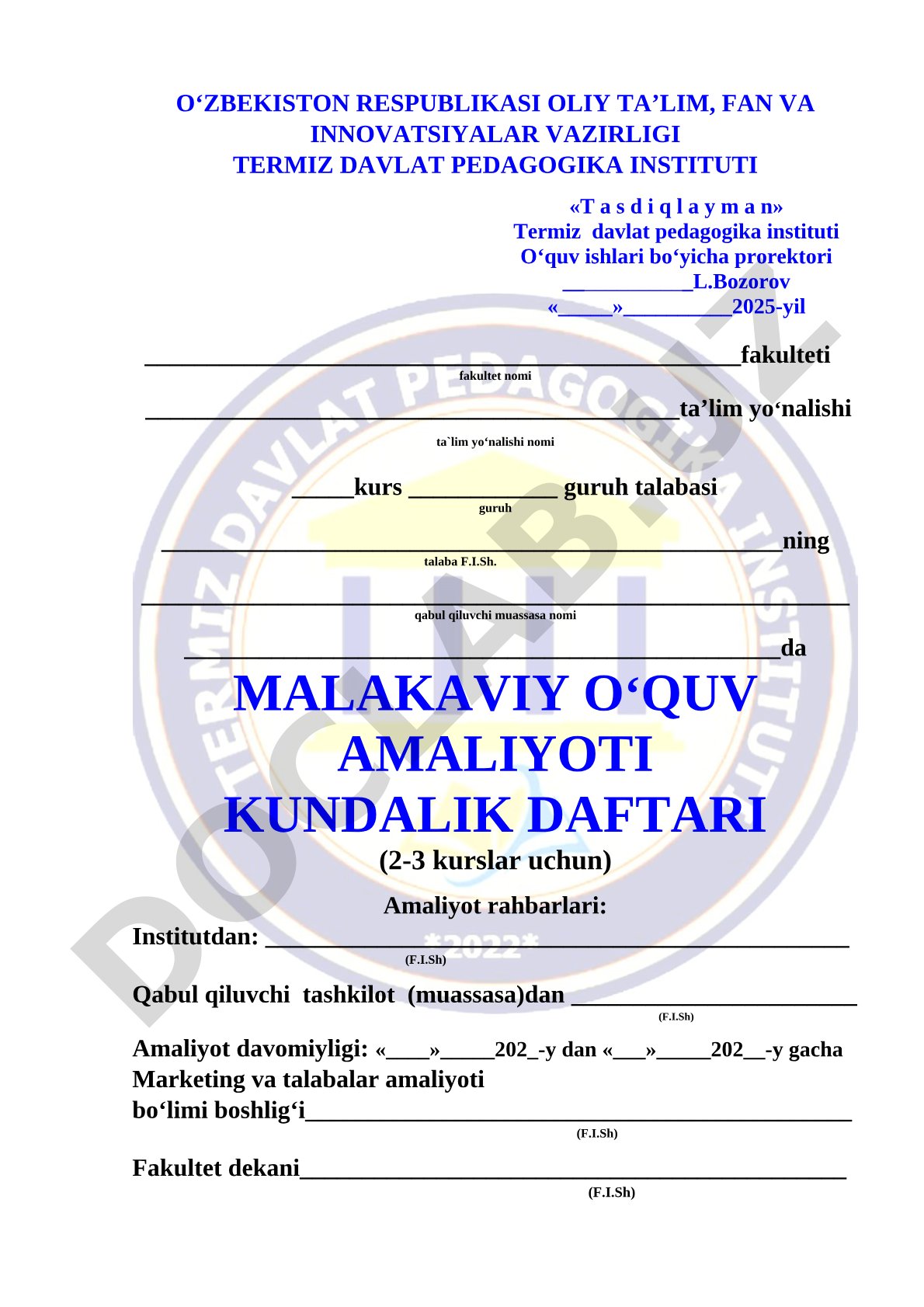 Malakaviy o‘quv amaliyoti kundalik daftari