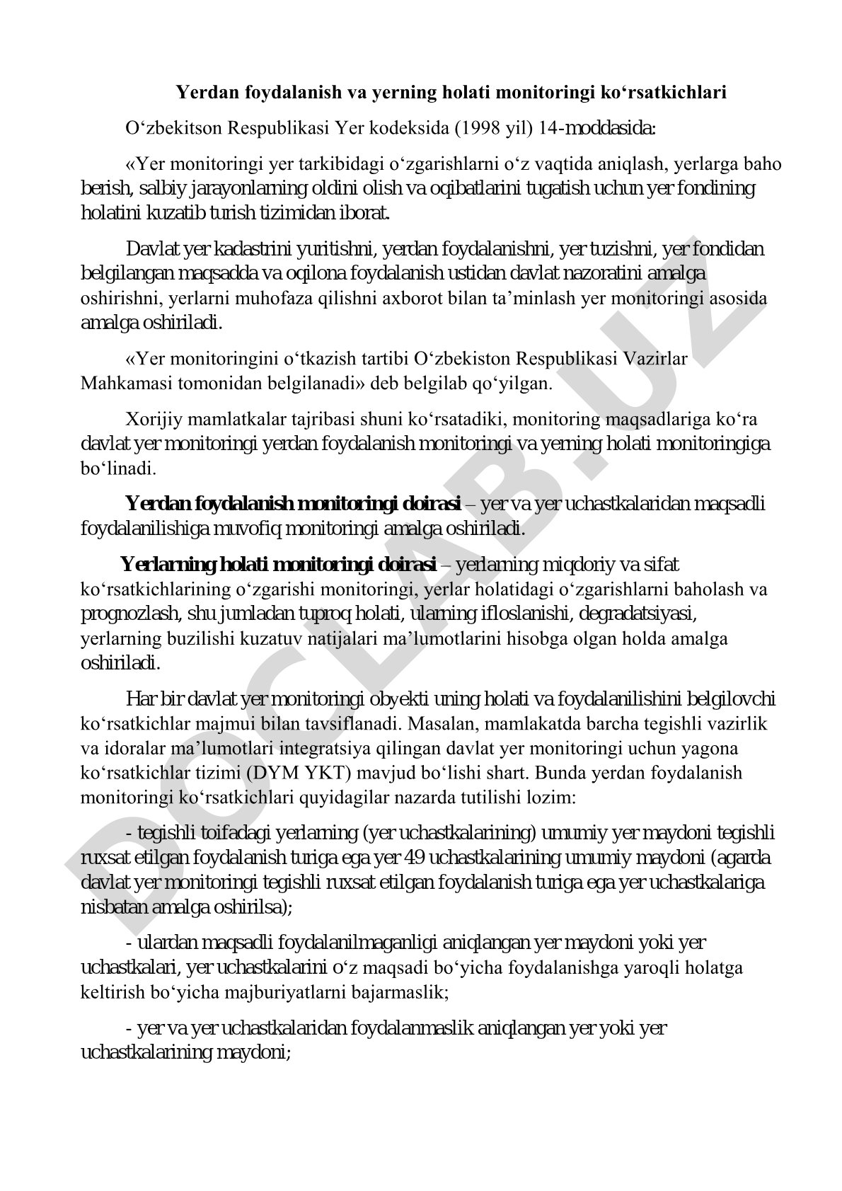 Yerdan foydalanish va yerning holati monitoringi ko‘rsatkichlari