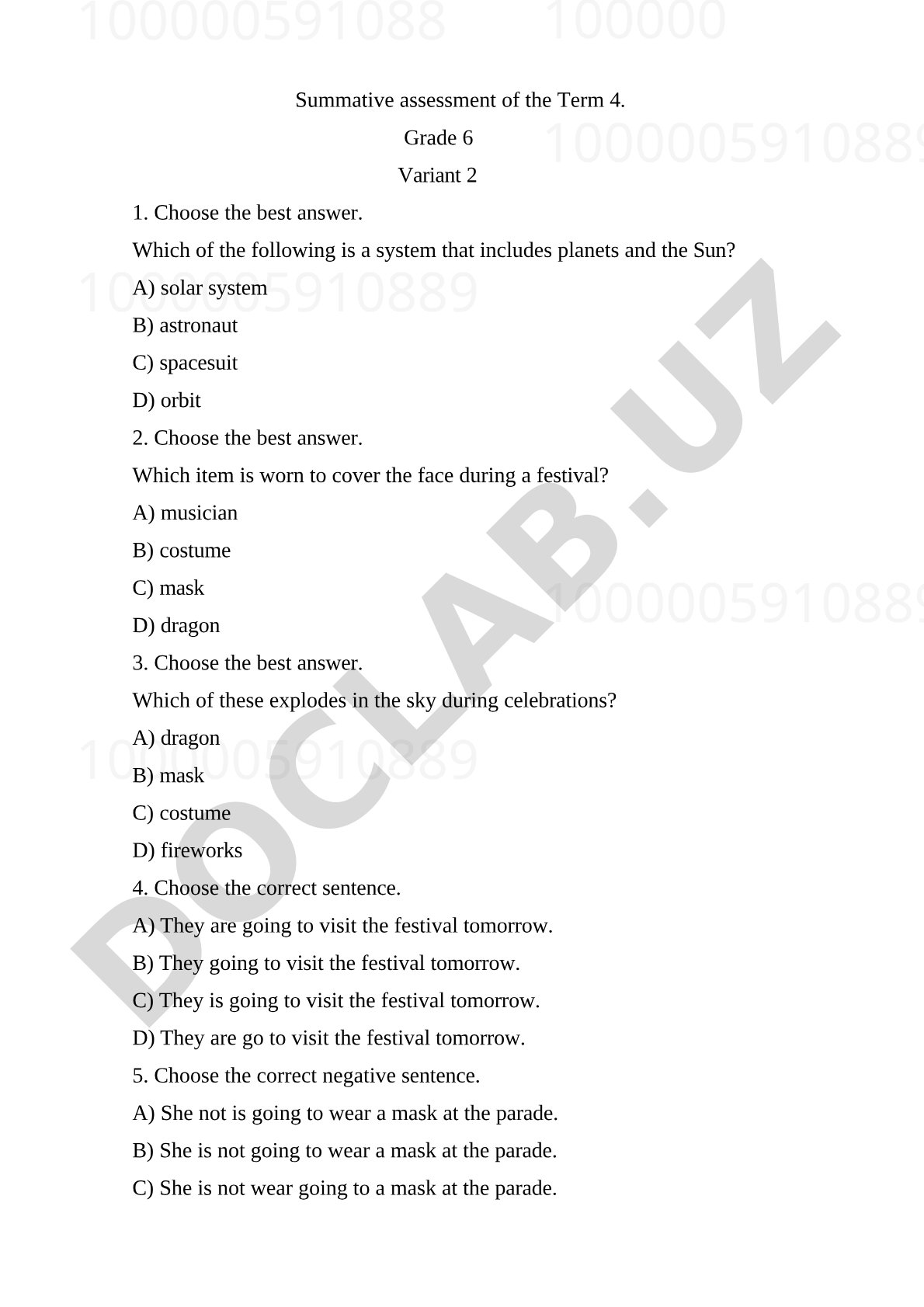 Grade 6 English Summative Assessment Term 4