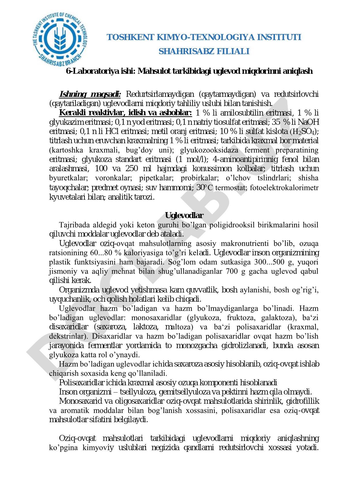 Mahsulot tarkibidagi uglevod miqdorini aniqlash