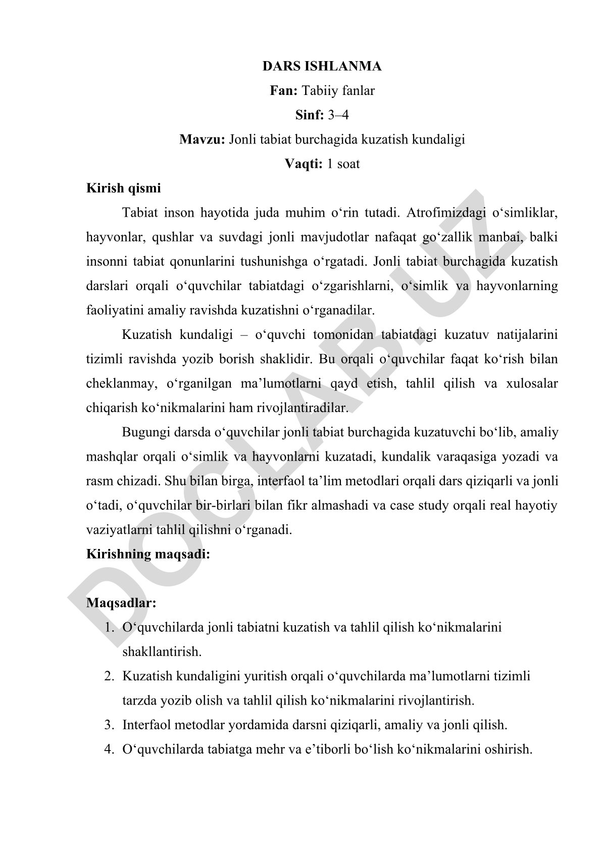 Jonli tabiat burchagida kuzatish kundaligi