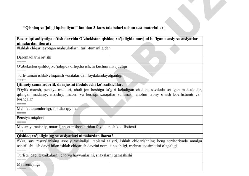 Qishloq xo'jaligi iqtisodiyoti fanidan test materiallari