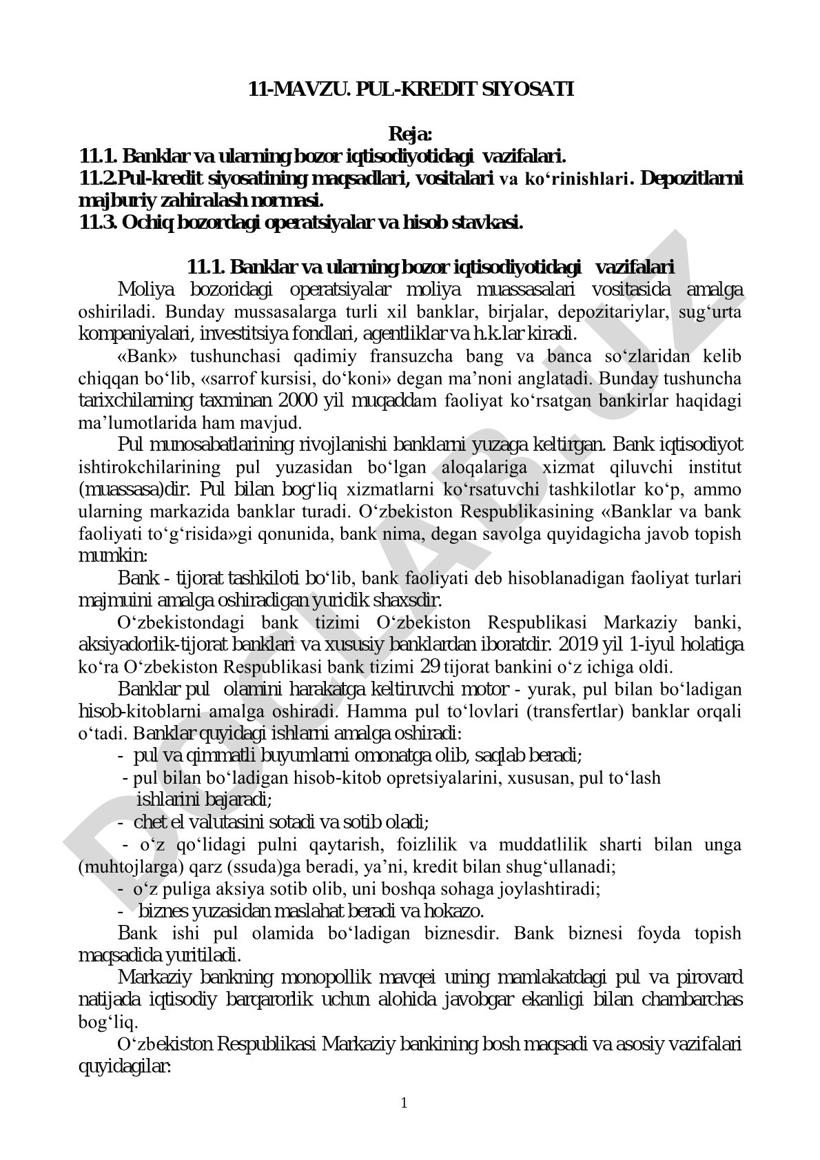 Banklar va ularning bozor iqtisodiyotidagi vazifalari