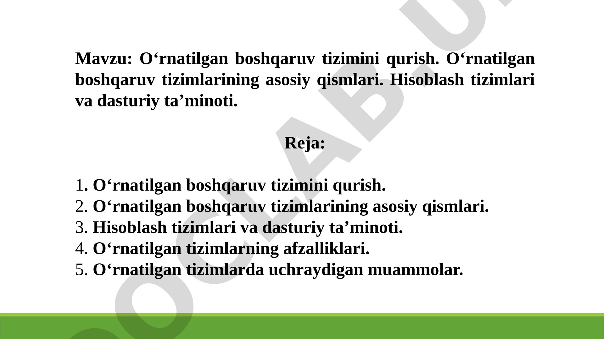 O‘rnatilgan boshqaruv tizimini qurish. O‘rnatilgan boshqaruv tizimlarining asosiy qismlari. Hisoblash tizimlari va dasturiy ta’minoti.