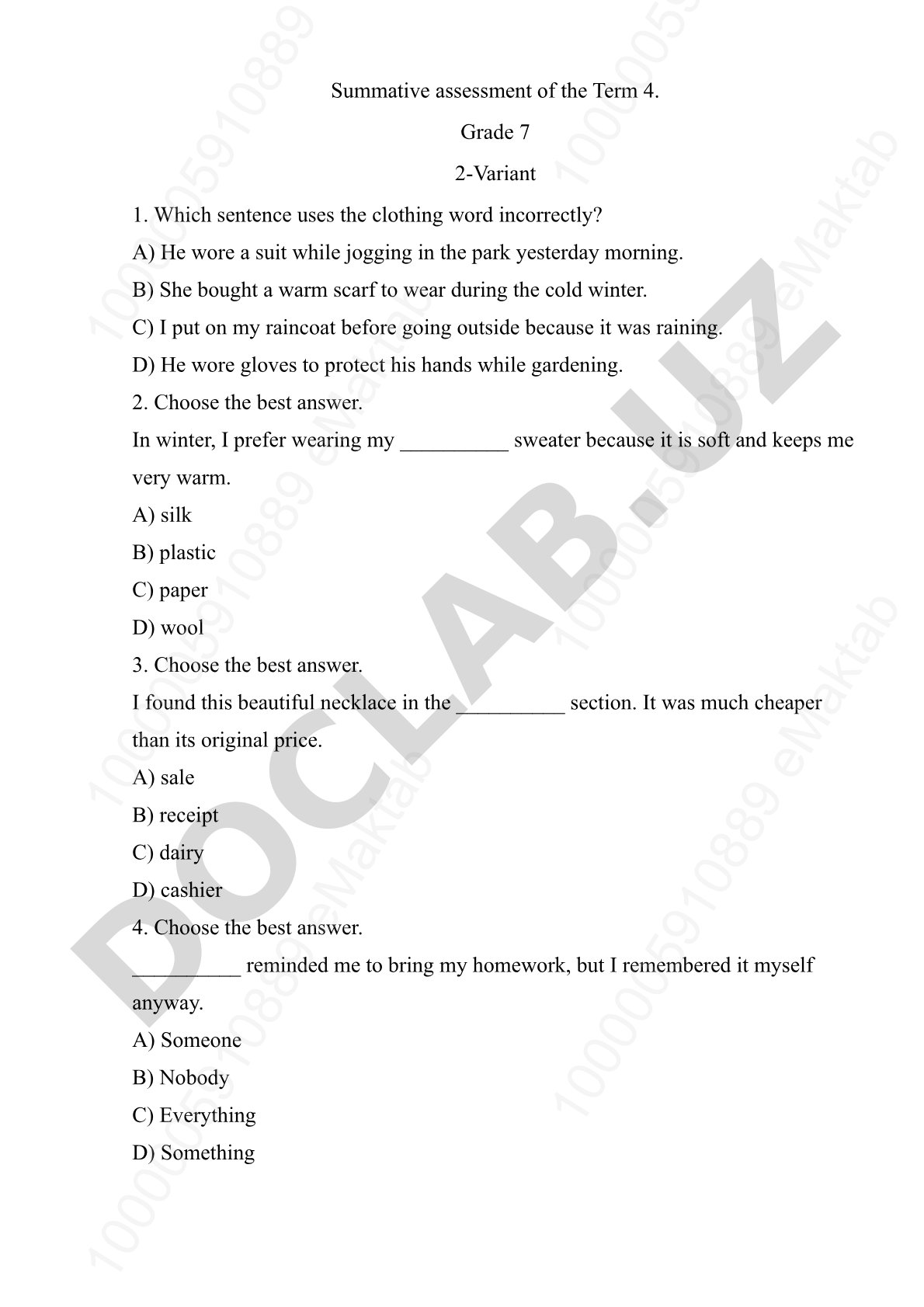 Grade 7 English Summative Assessment Term 4