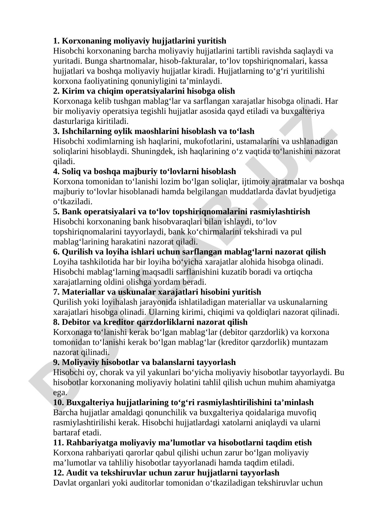 Korxonada hisobchi vazifalari