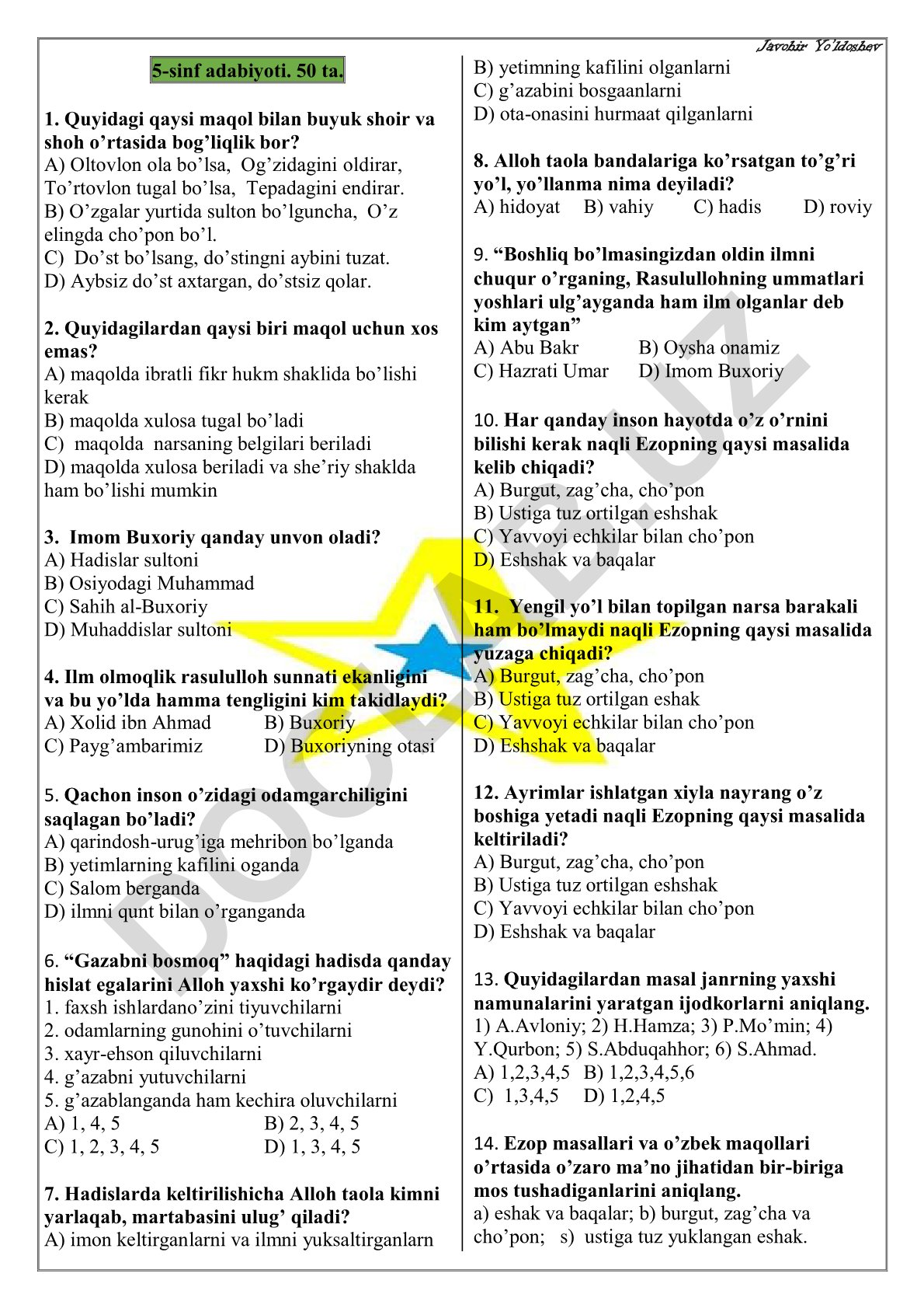 5-sinf adabiyoti test savollari
