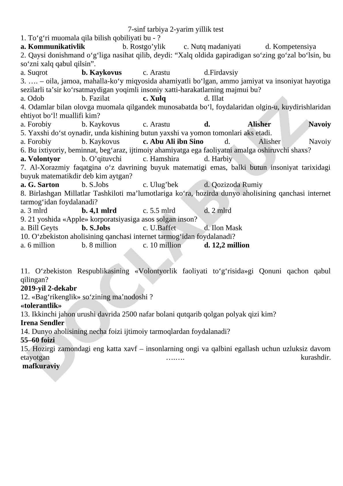 7-sinf tarbiya 2-yarim yillik test