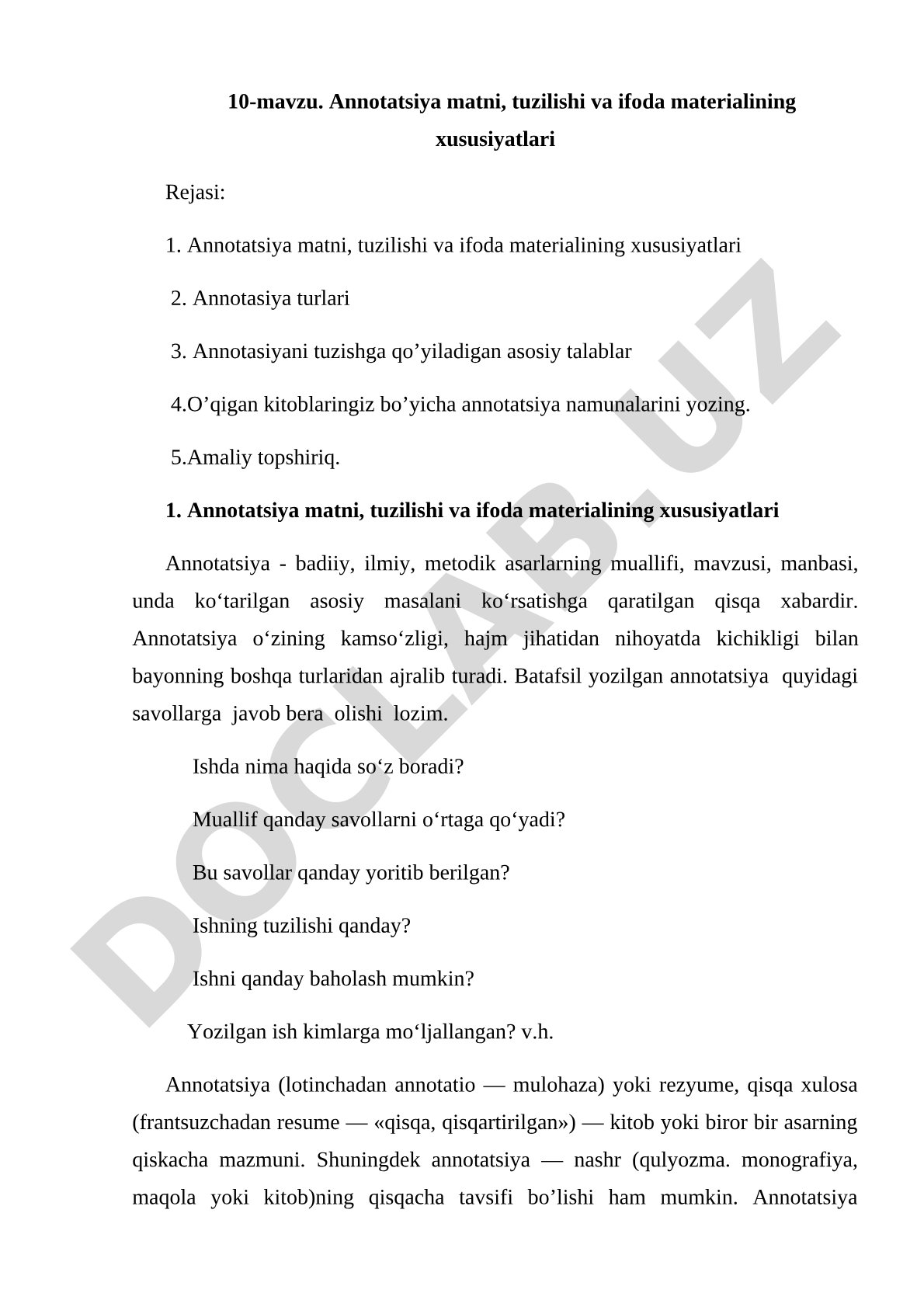 Annotatsiya matni, tuzilishi va ifoda materialining xususiyatlari