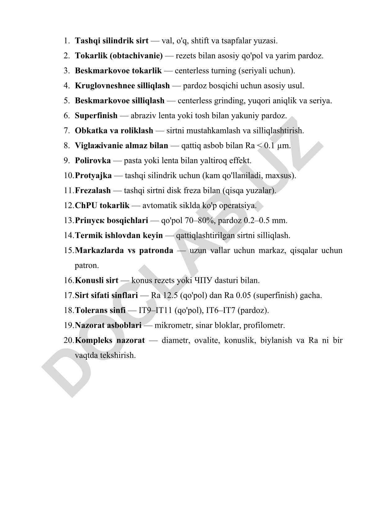 Tashqi silindrik sirtlarni ishlash texnologiyalari