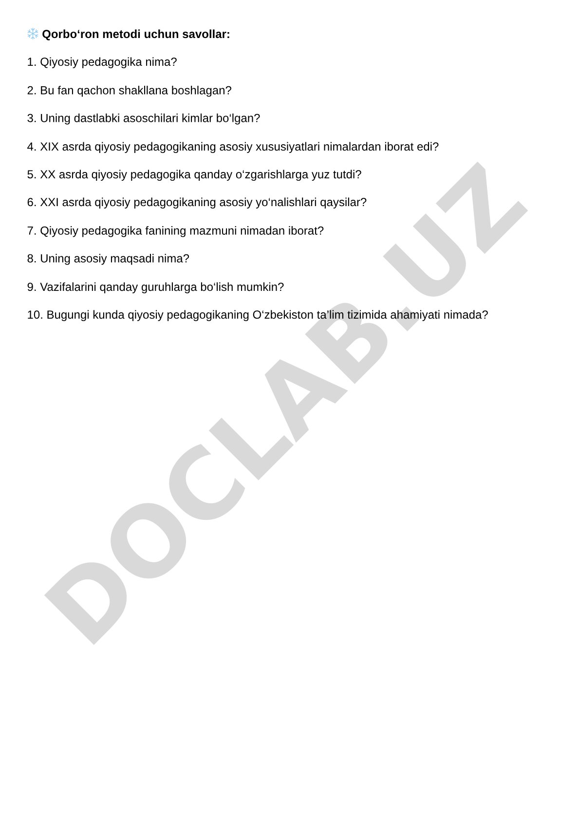 Qiyosiy pedagogika fanidan savollar (Qorbo'ron metodi uchun)