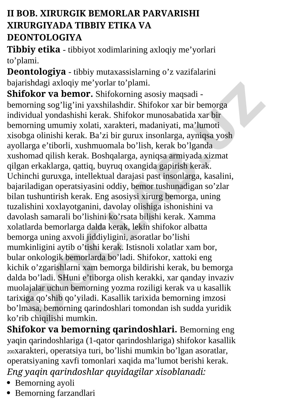 II Bob. Xirurgik bemorlar parvarishi xirurgiyada tibbiy etika va deontologiya