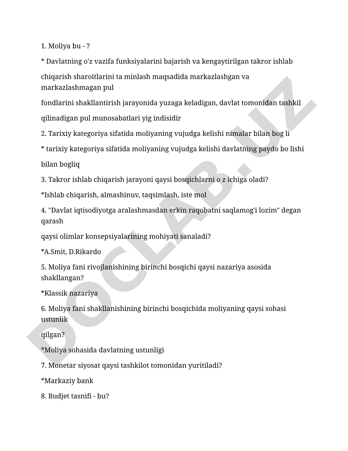 Moliya fanidan test savollari