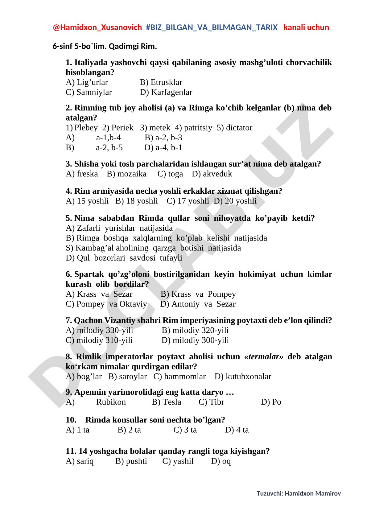 Qadimgi Rim test savollari