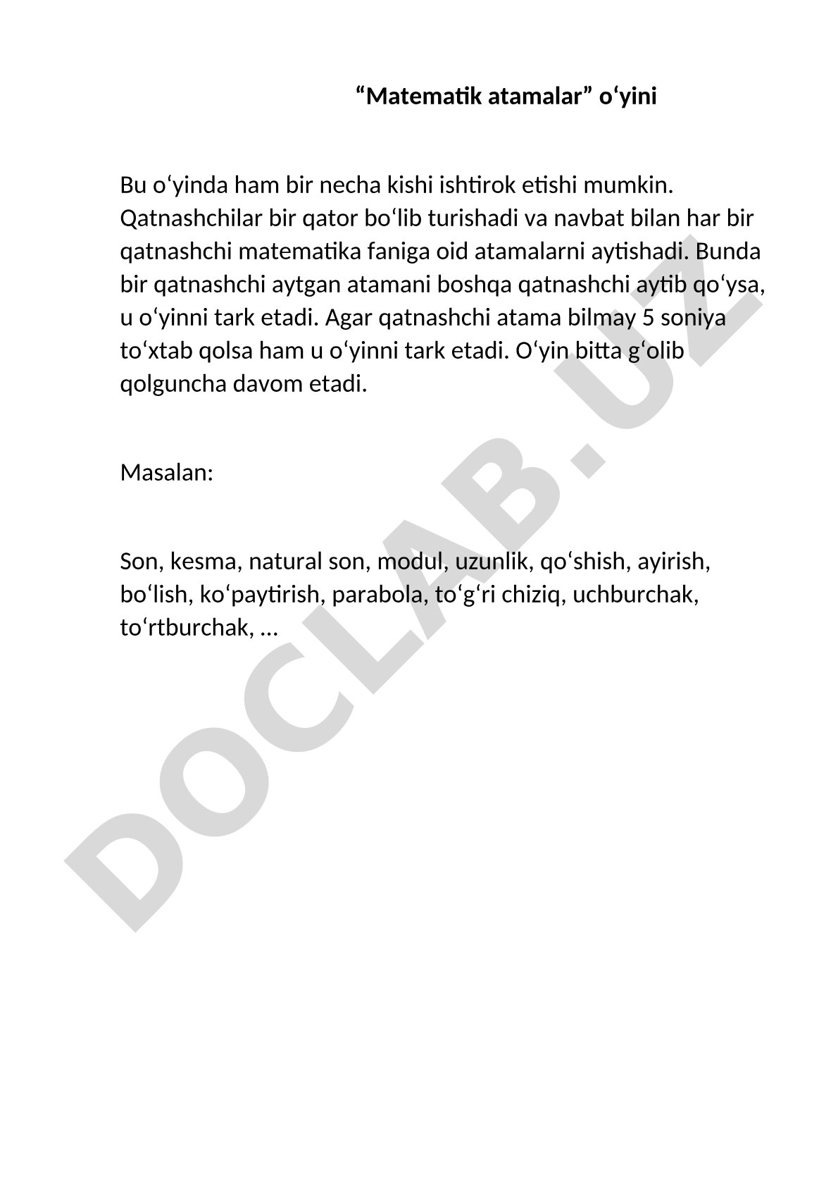 Matematik atamalar o‘yini qoidalari