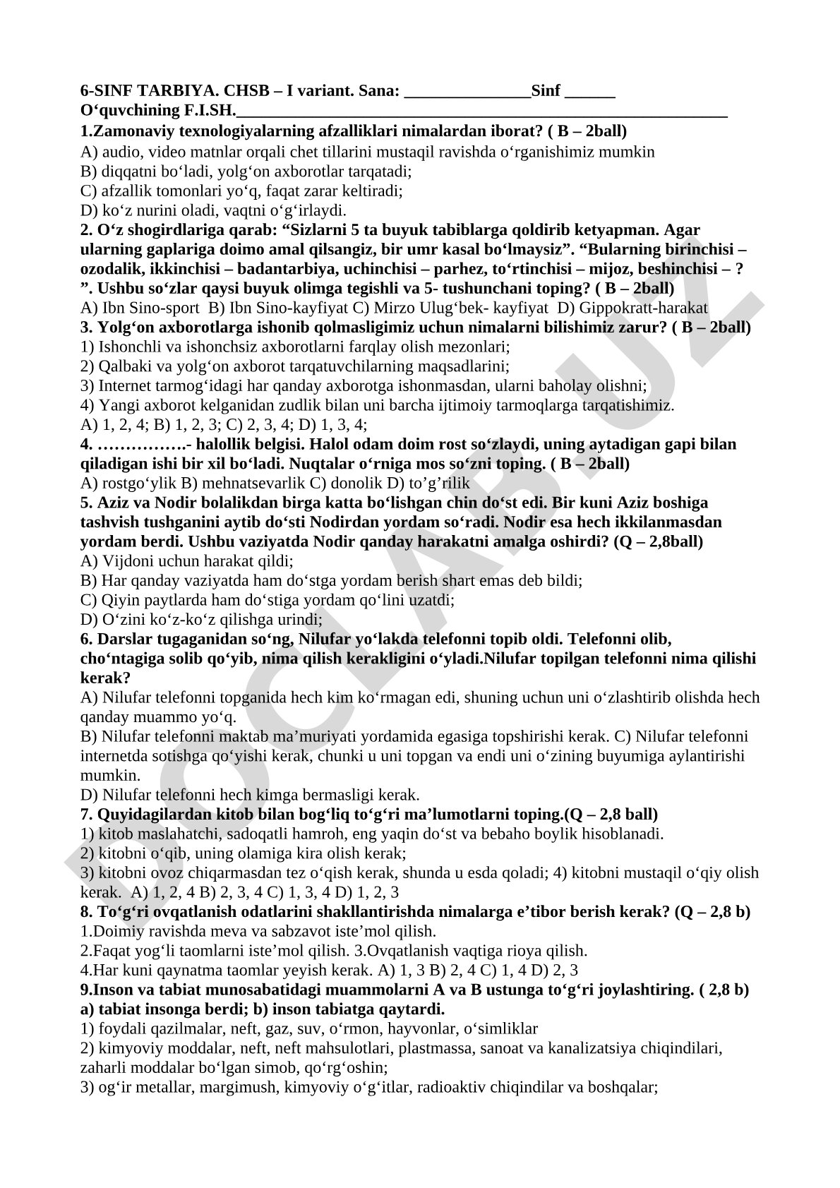 6-SINF TARBIYA. CHSB – I variant