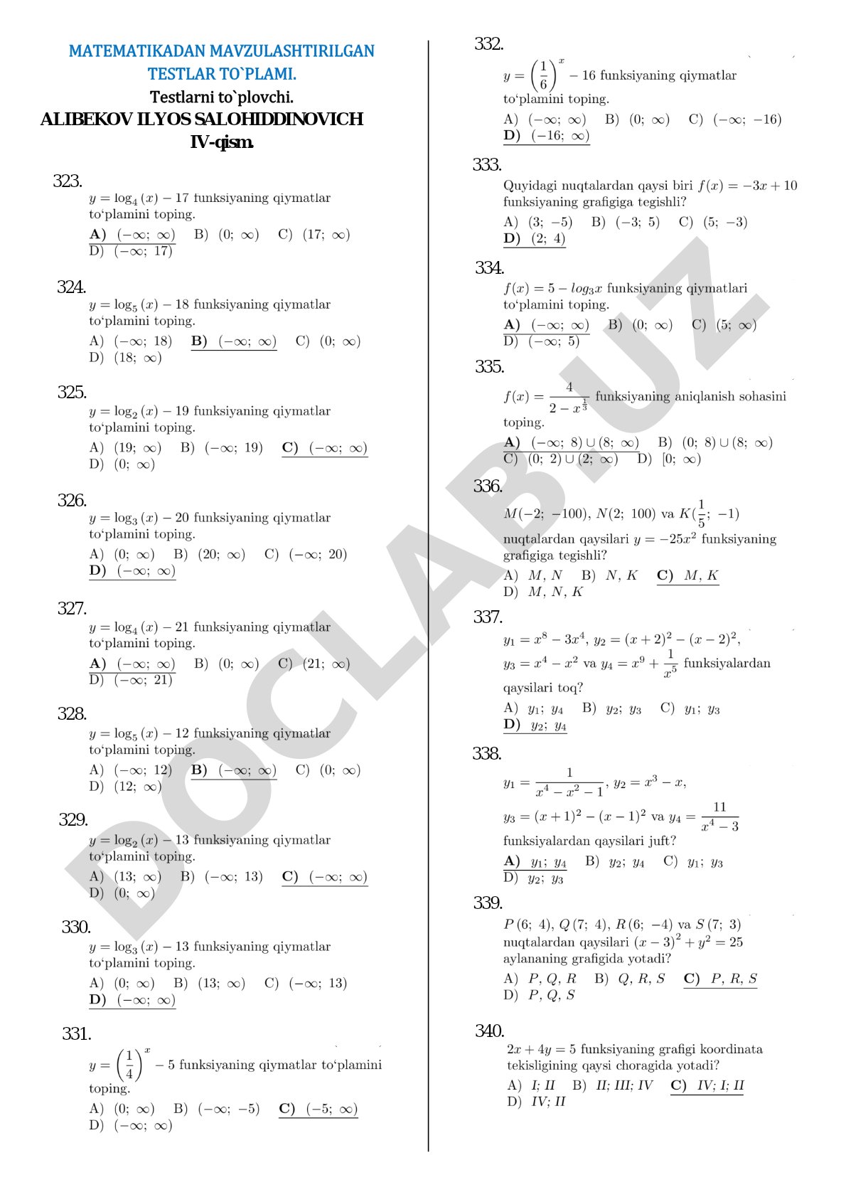 Matematikadan mavzulashtirilgan testlar to'plami