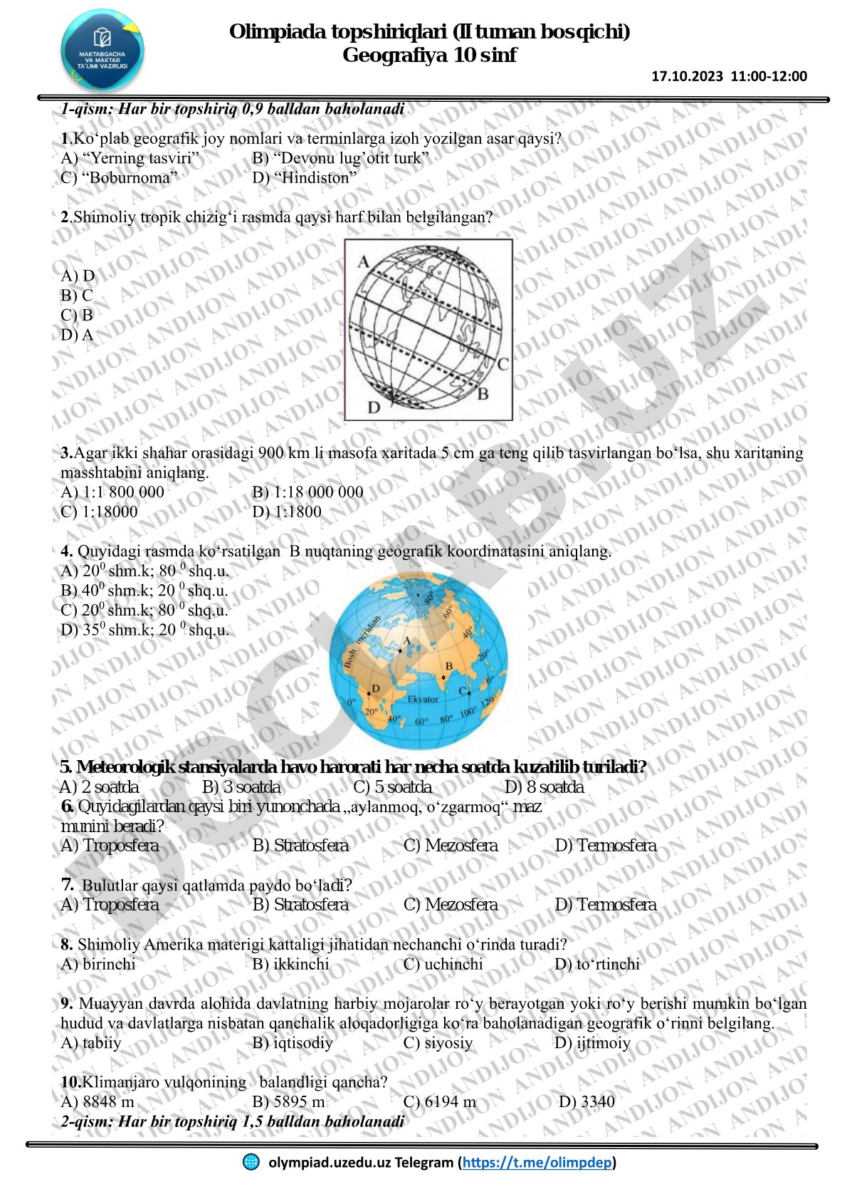 Olimpiada topshiriqlari (II tuman bosqichi) Geografiya 10 sinf