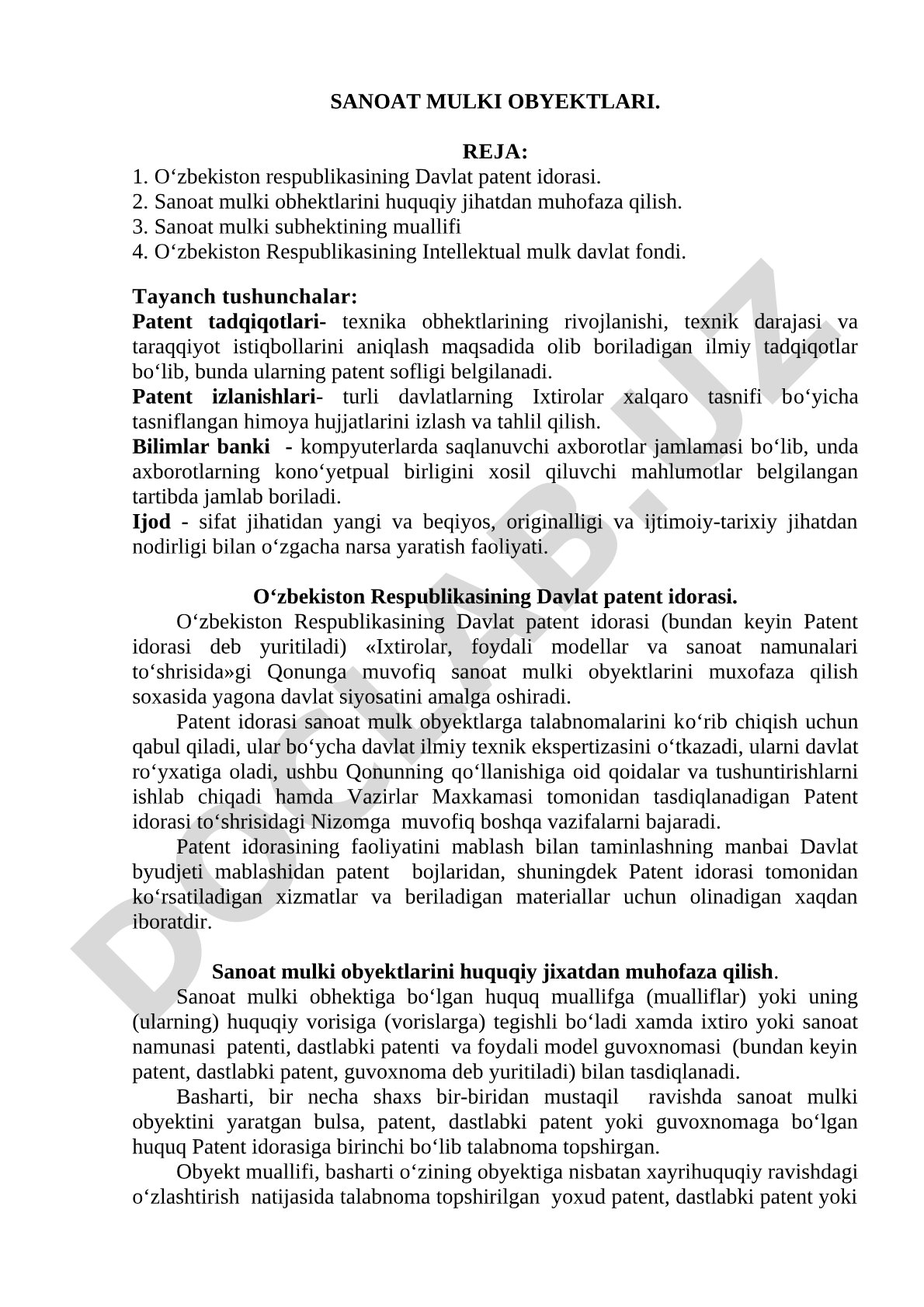 Hujjat sanoat mulki obyektlari va O'zbekiston Respublikasi Davlat patent idorasi haqida