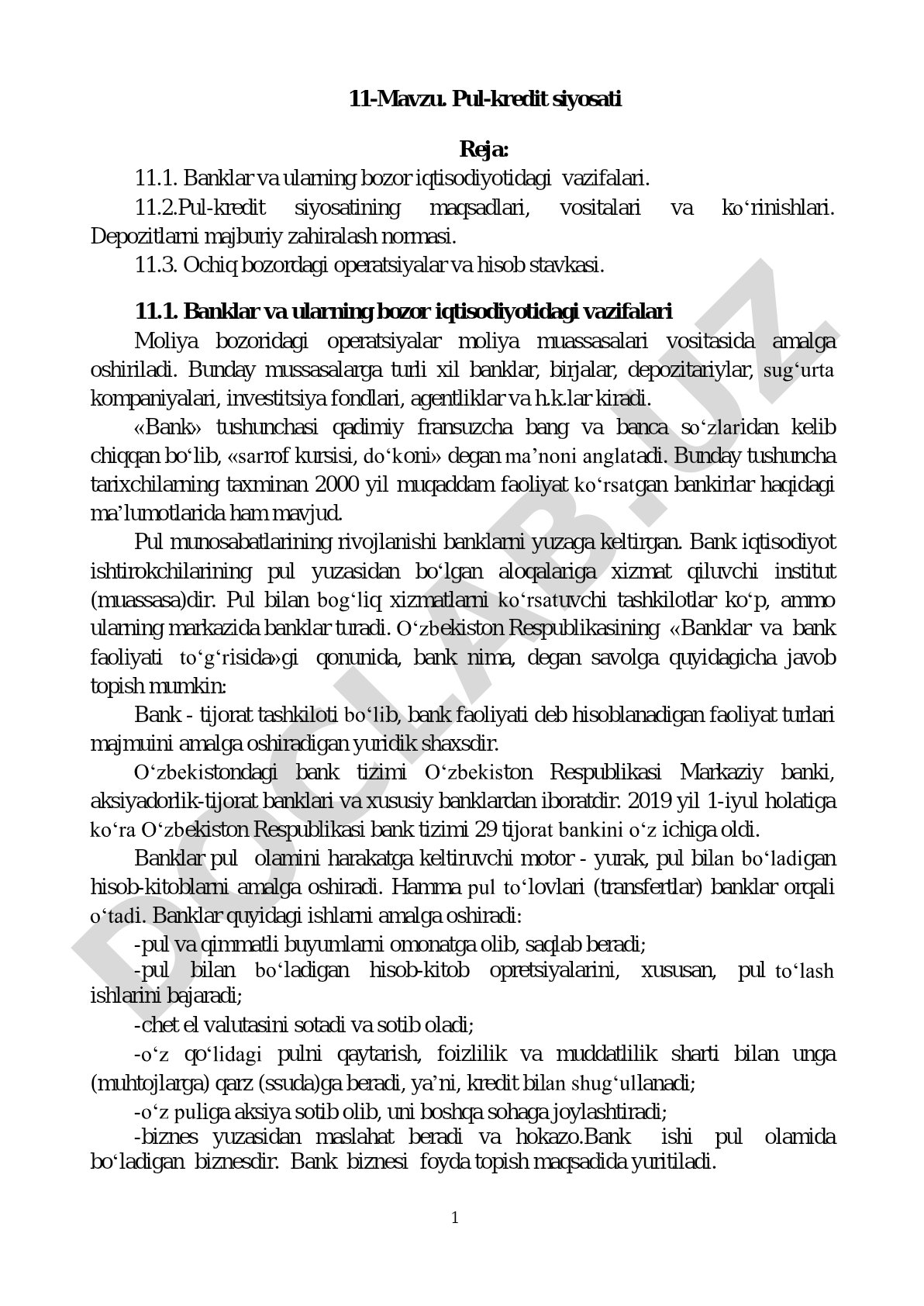 Banklar, pul-kredit siyosatining maqsadlari, vositalari va ko'rinishlari haqida