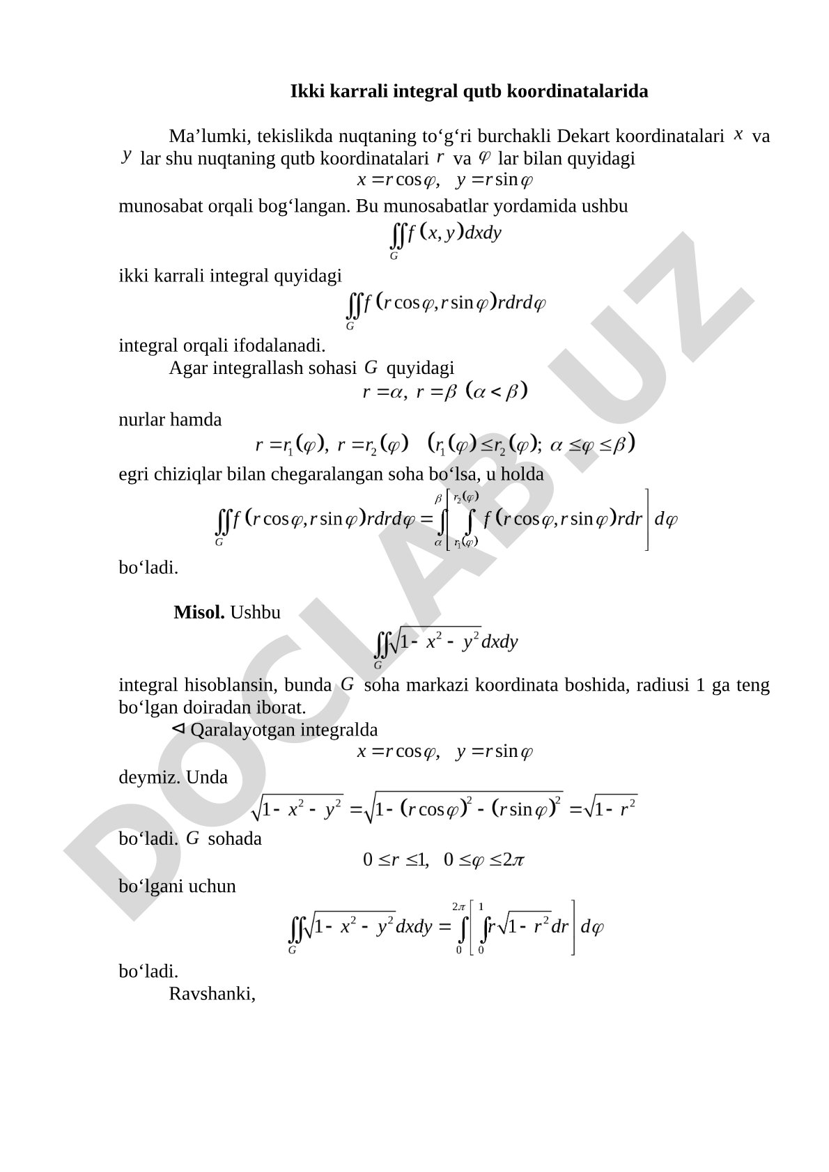 Ikki karrali integral qutb koordinatalarida