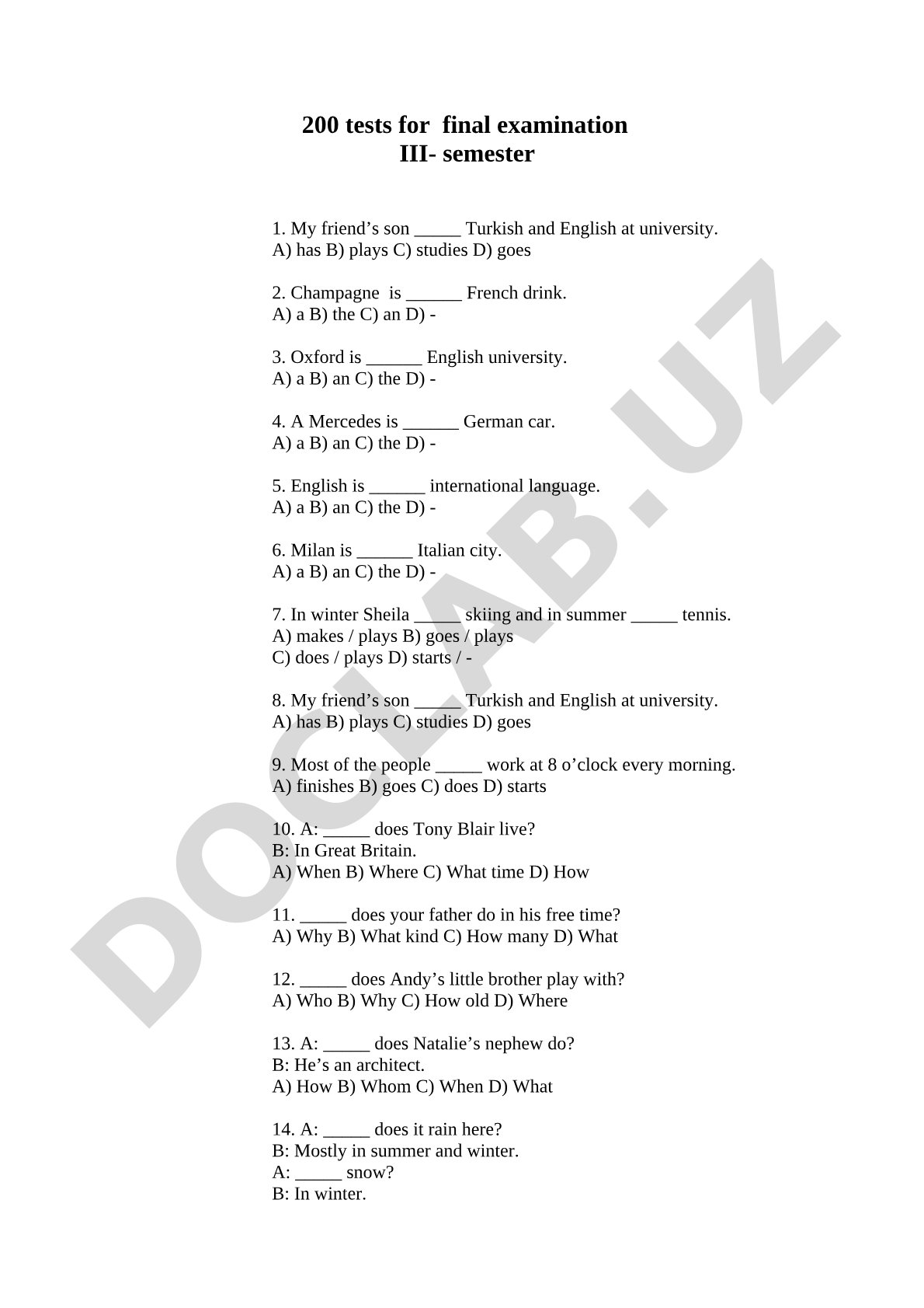 200 tests for final examination III- semester