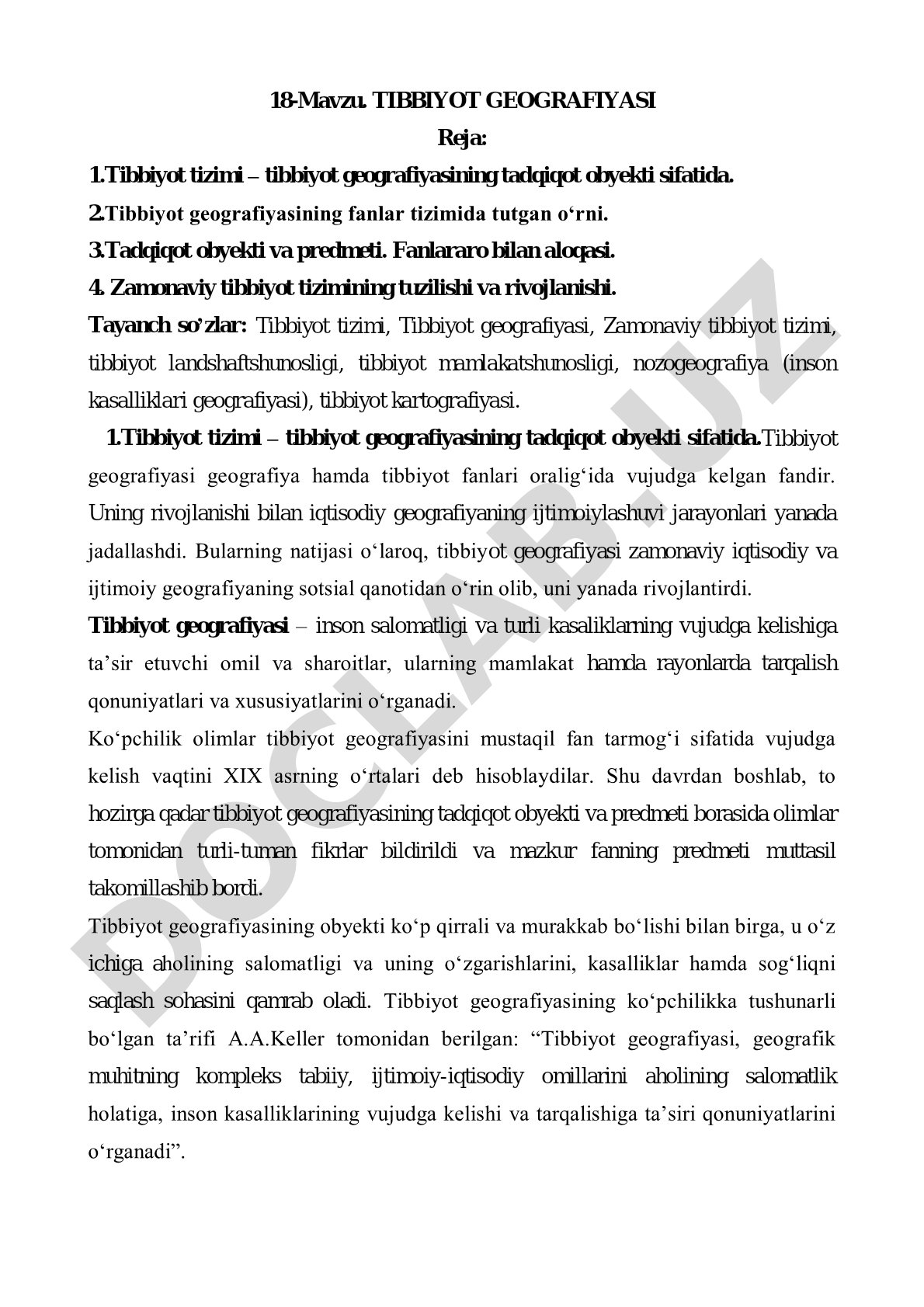 Tibbiyot geografiyasi fani, uning predmeti, obyekti va fanlar tizimidagi o'rni haqida