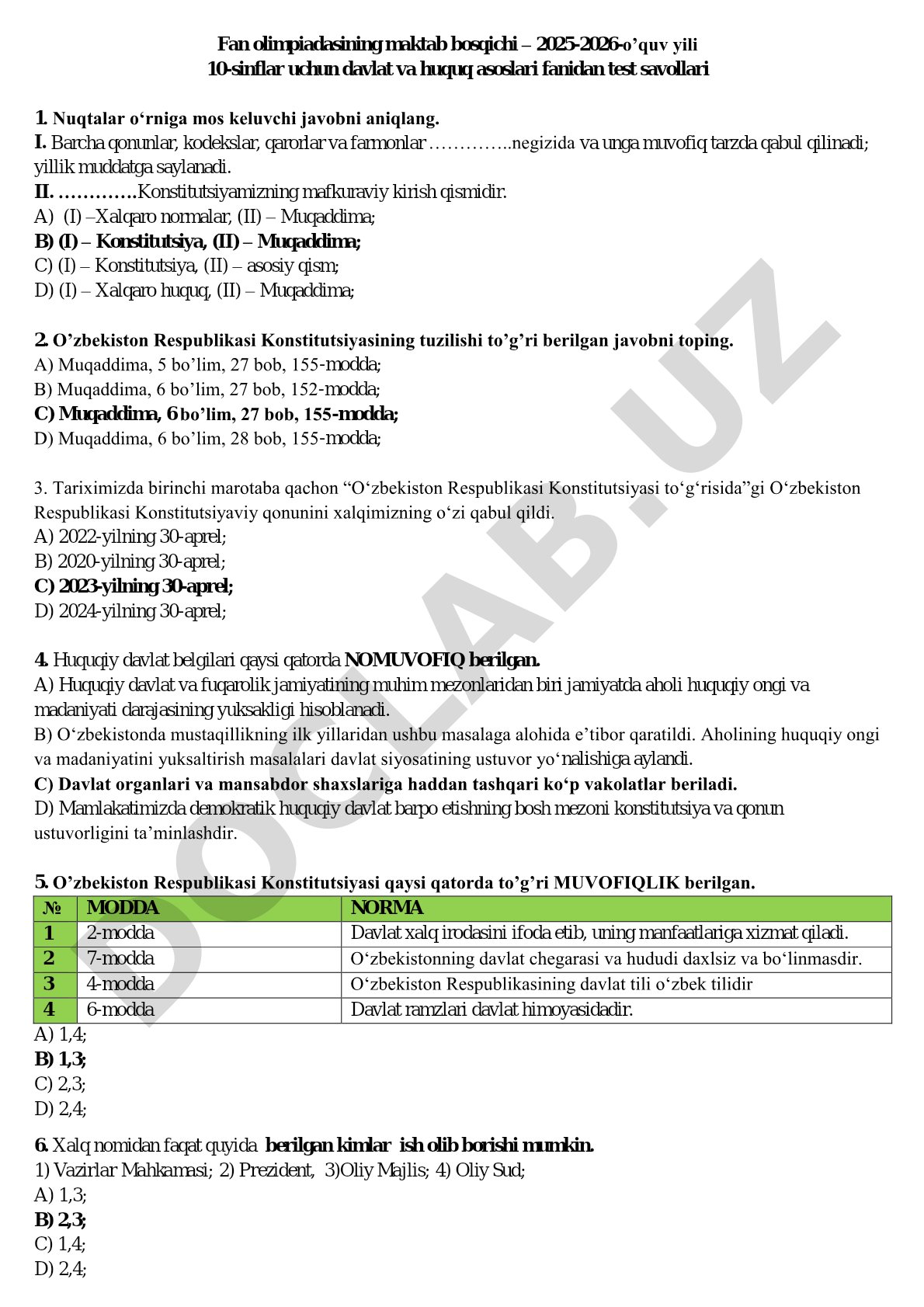 Fan olimpiadasining maktab bosqichi 10-sinflar uchun davlat va huquq asoslari test savollari
