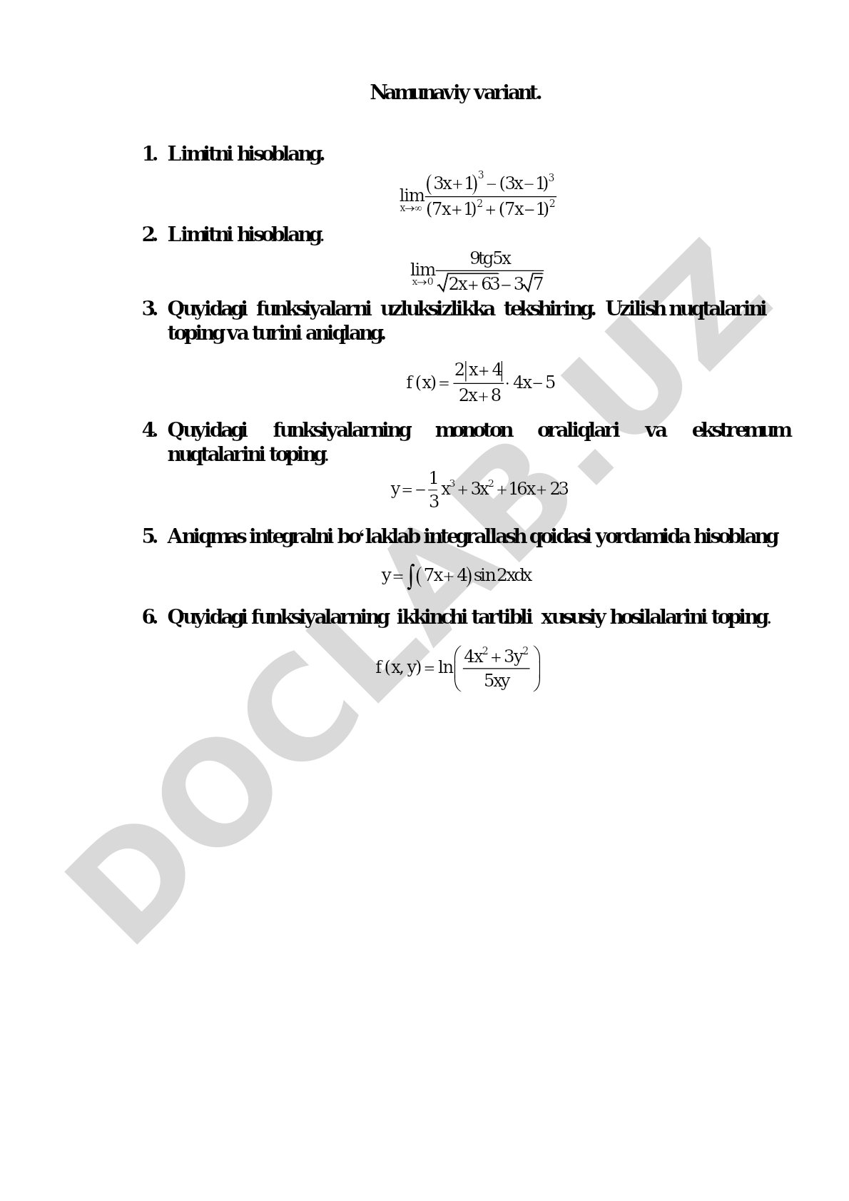 Matematik analiz bo'yicha namunaviy variant