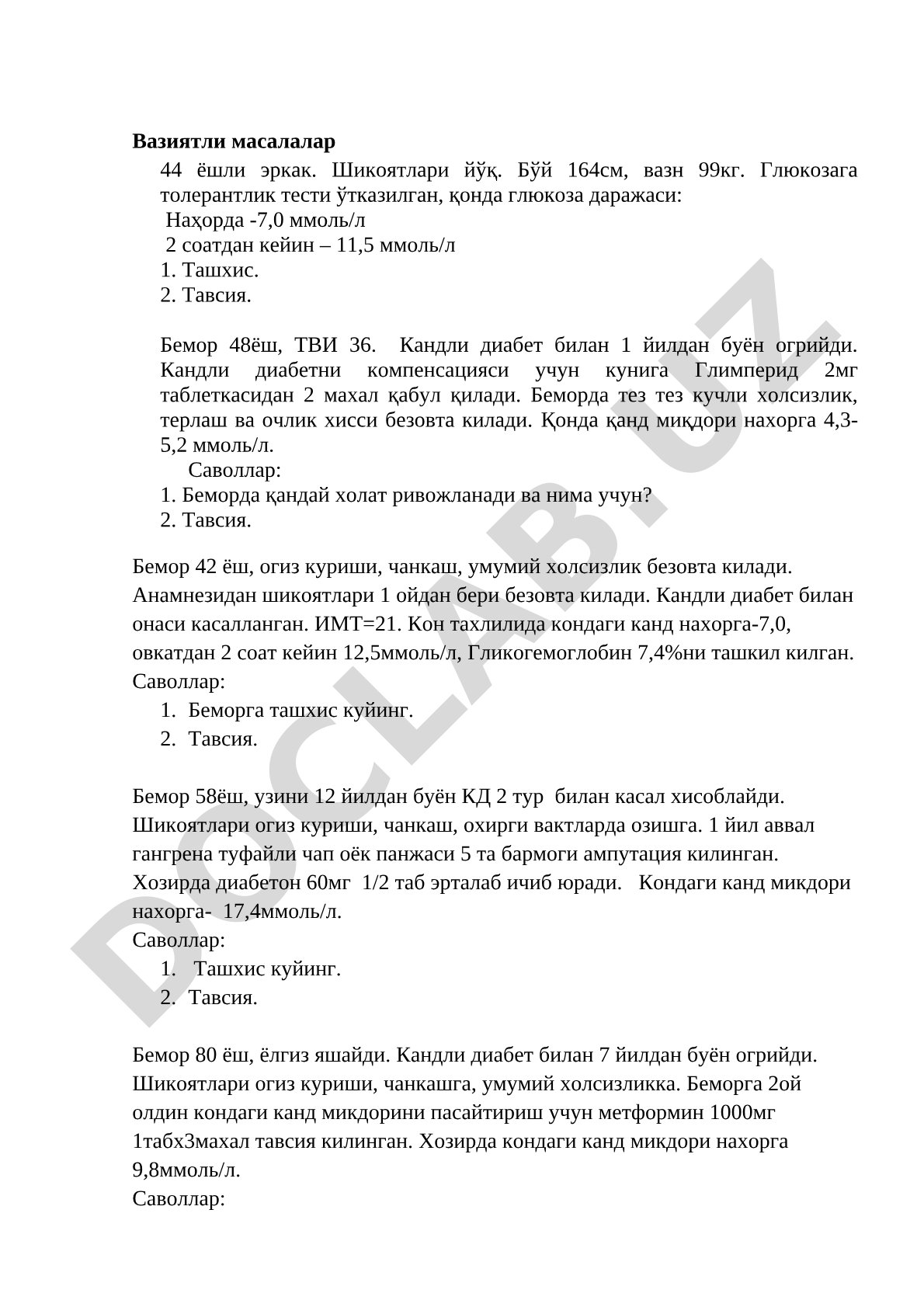 Vaziyatli masalalar: qandli diabet tashxisi va tavsiyalar
