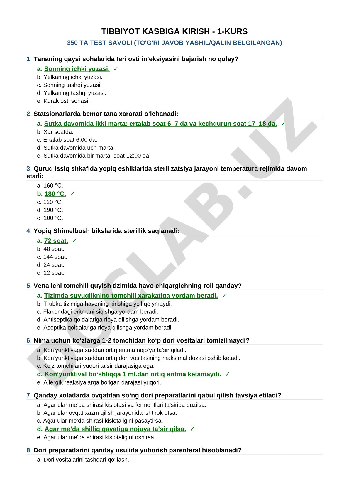 Tibbiyot kasbiga kirish - 1-kurs 350 ta test savoli (to'g'ri javob yashil/qalin belgilangan)