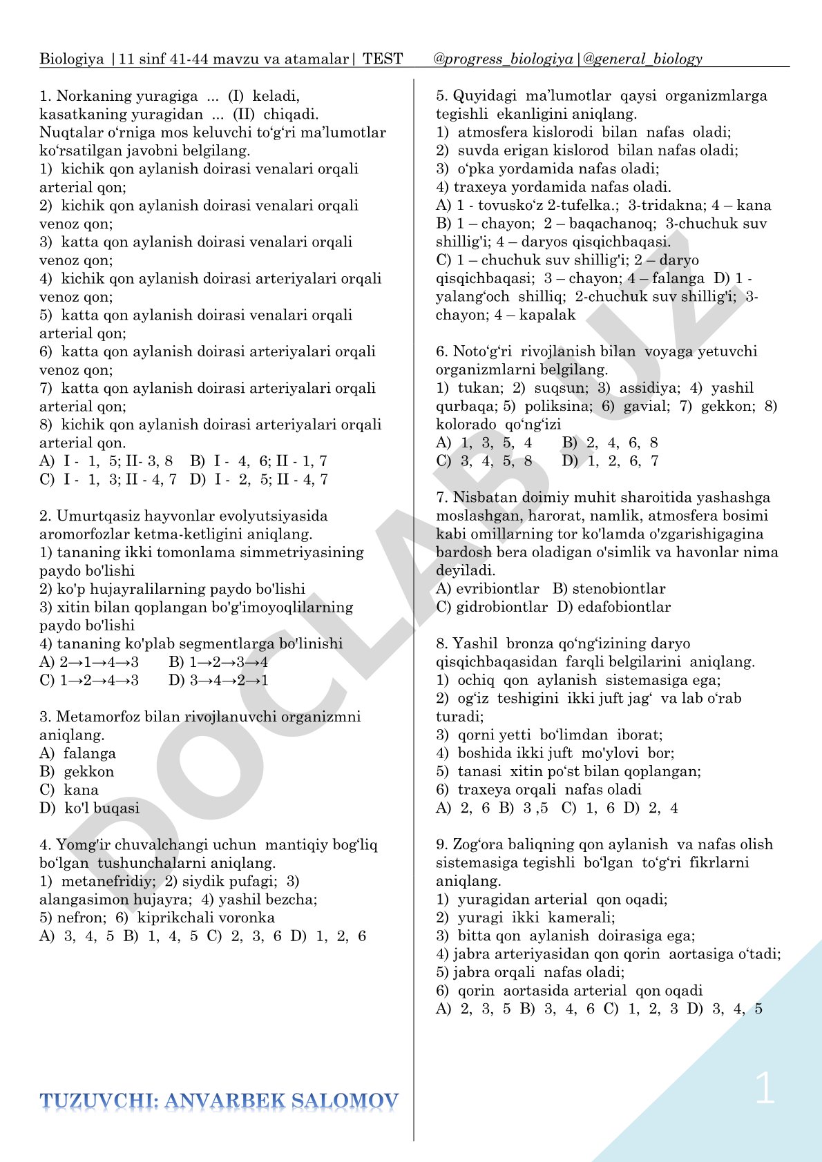 Biologiya 11-sinf 41-44 mavzu va atamalar