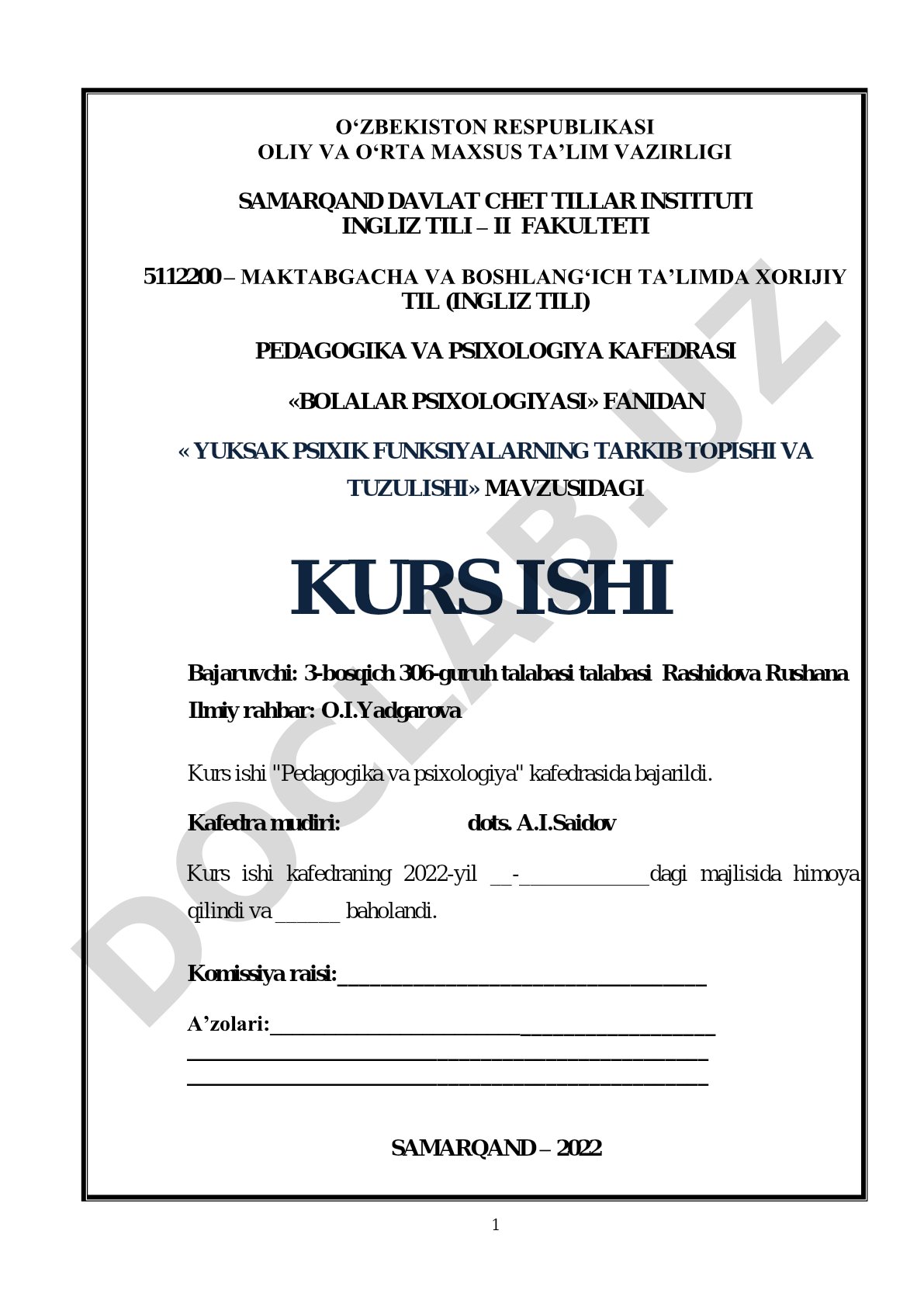 Yuksak psixik funksiyalarning tarkib topishi va tuzilishi