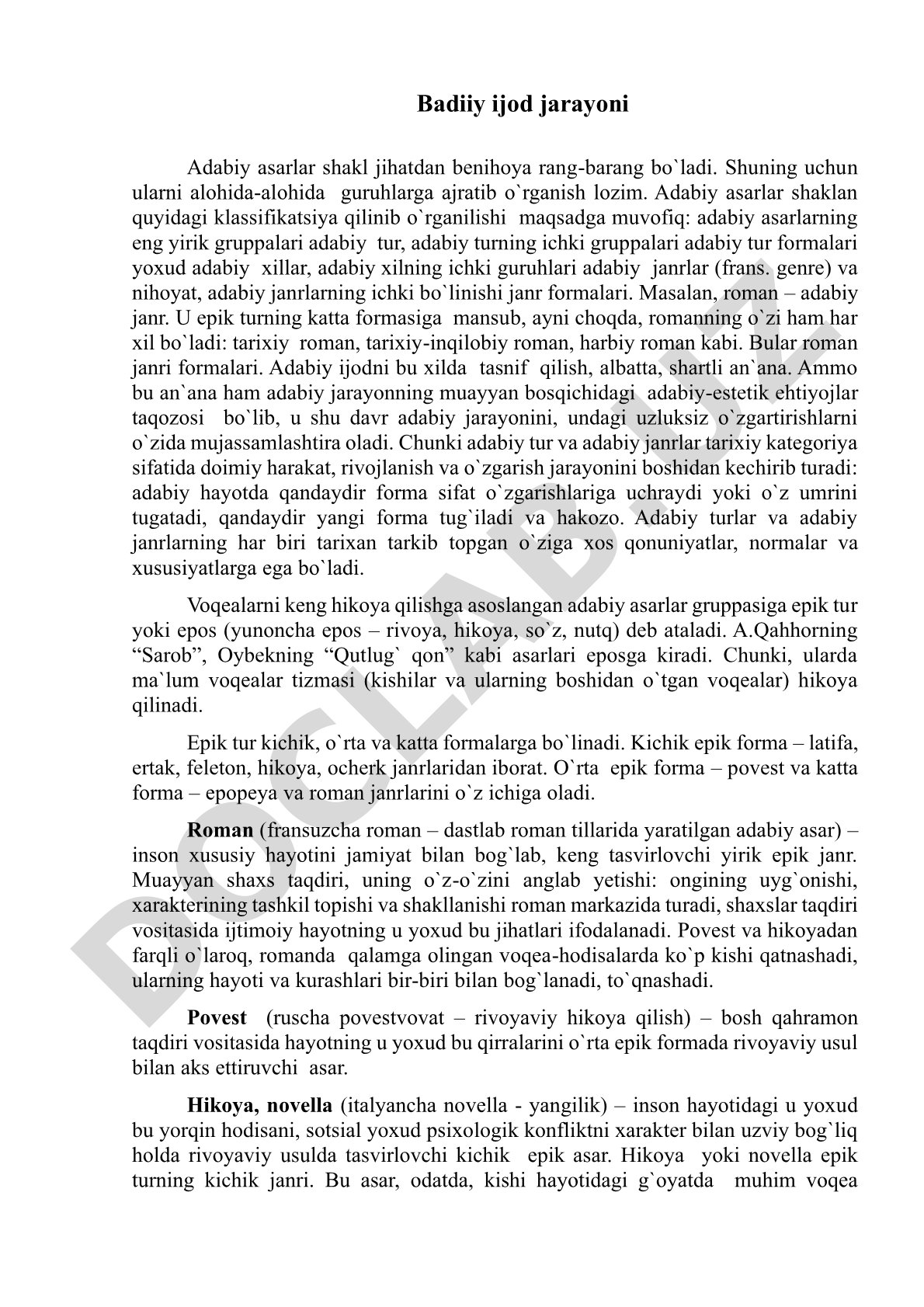 Adabiy asarlar turlari, janrlari va shakliy tasnifi