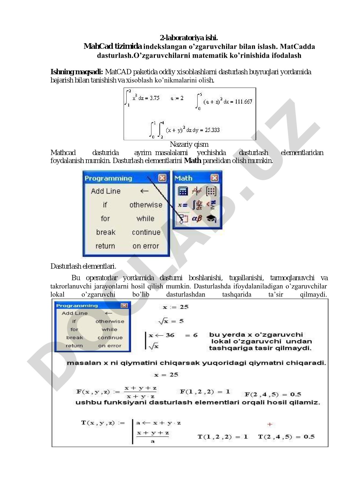 MathCAD tizimida indekslangan o'zgaruvchilar bilan ishlash