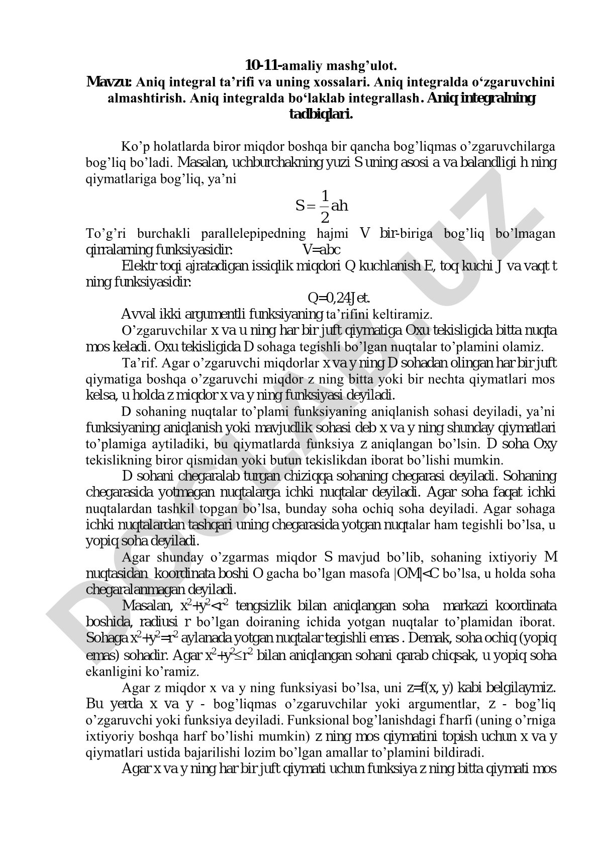 Aniq integral ta’rifi, xossalari, o'zgaruvchini almashtirish, bo'laklab integrallash va tadbiqlari