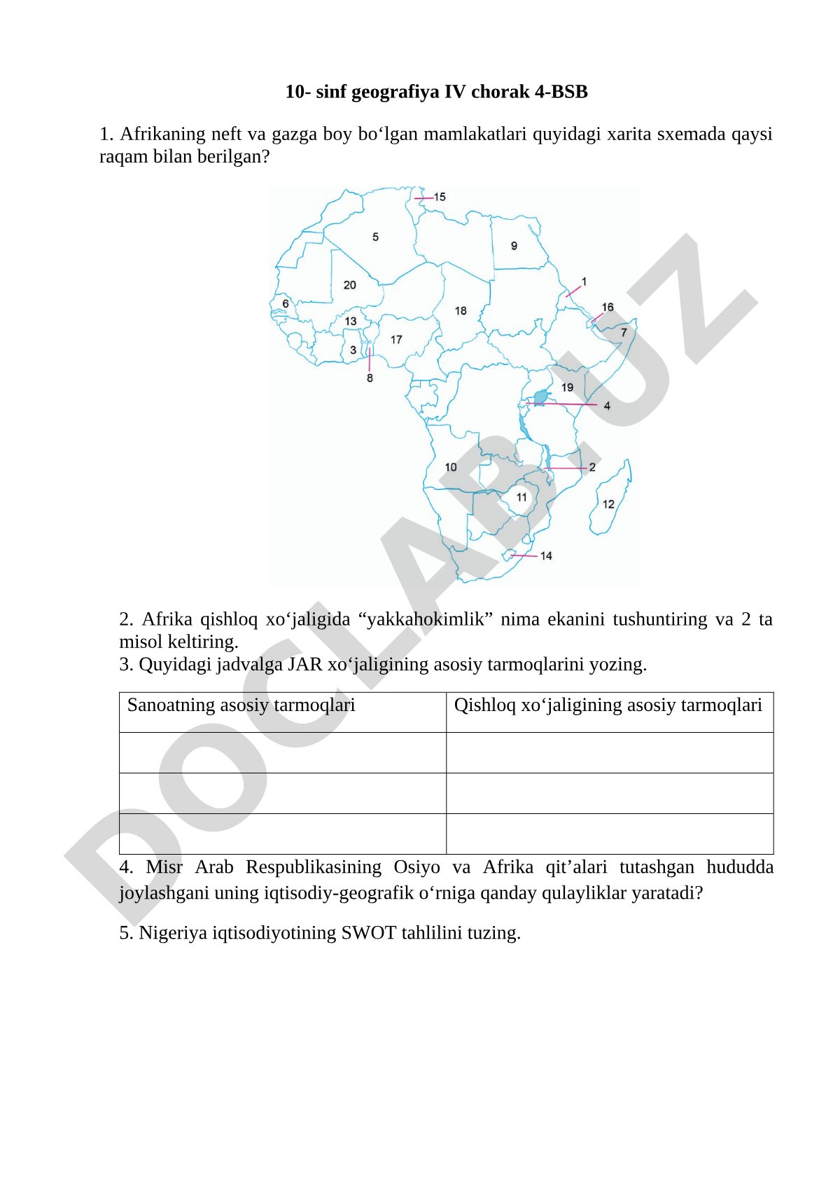 10-sinf geografiya IV chorak 4-BSB test topshiriqlari