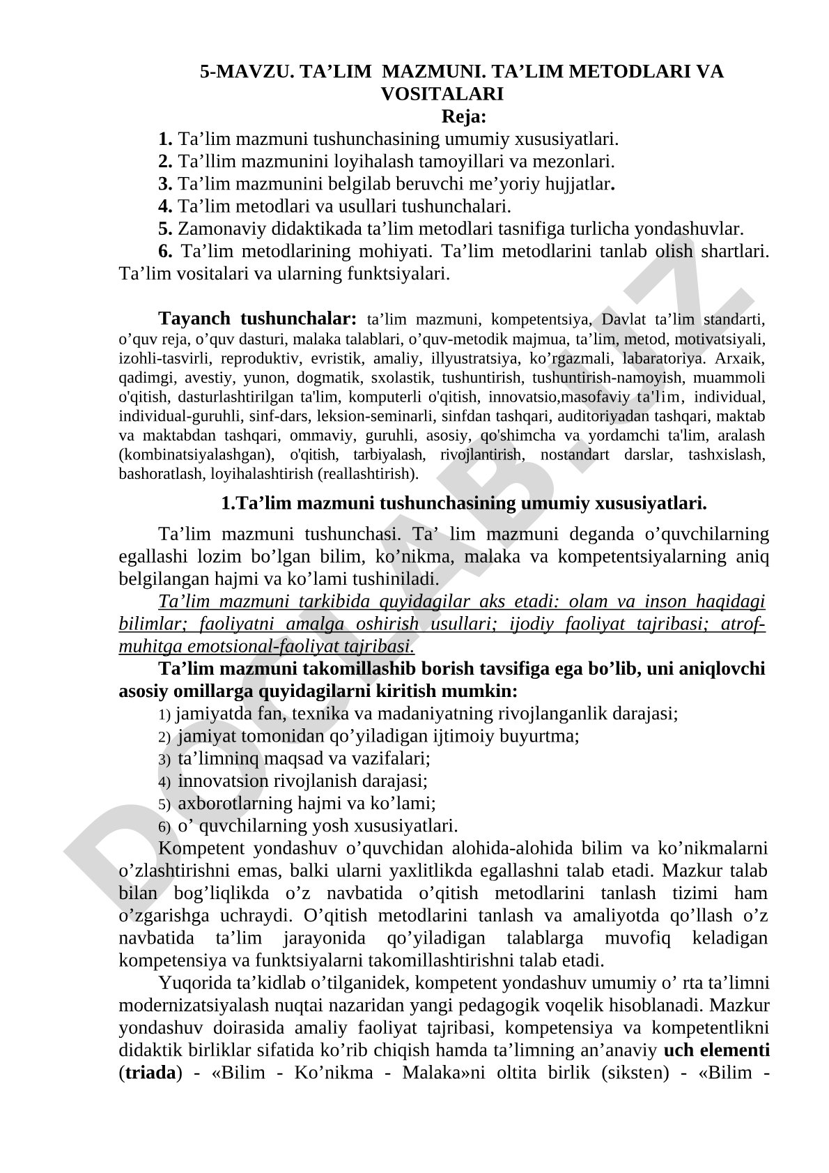TA’LIM MAZMUNI. TA’LIM METODLARI VA VOSITALARI