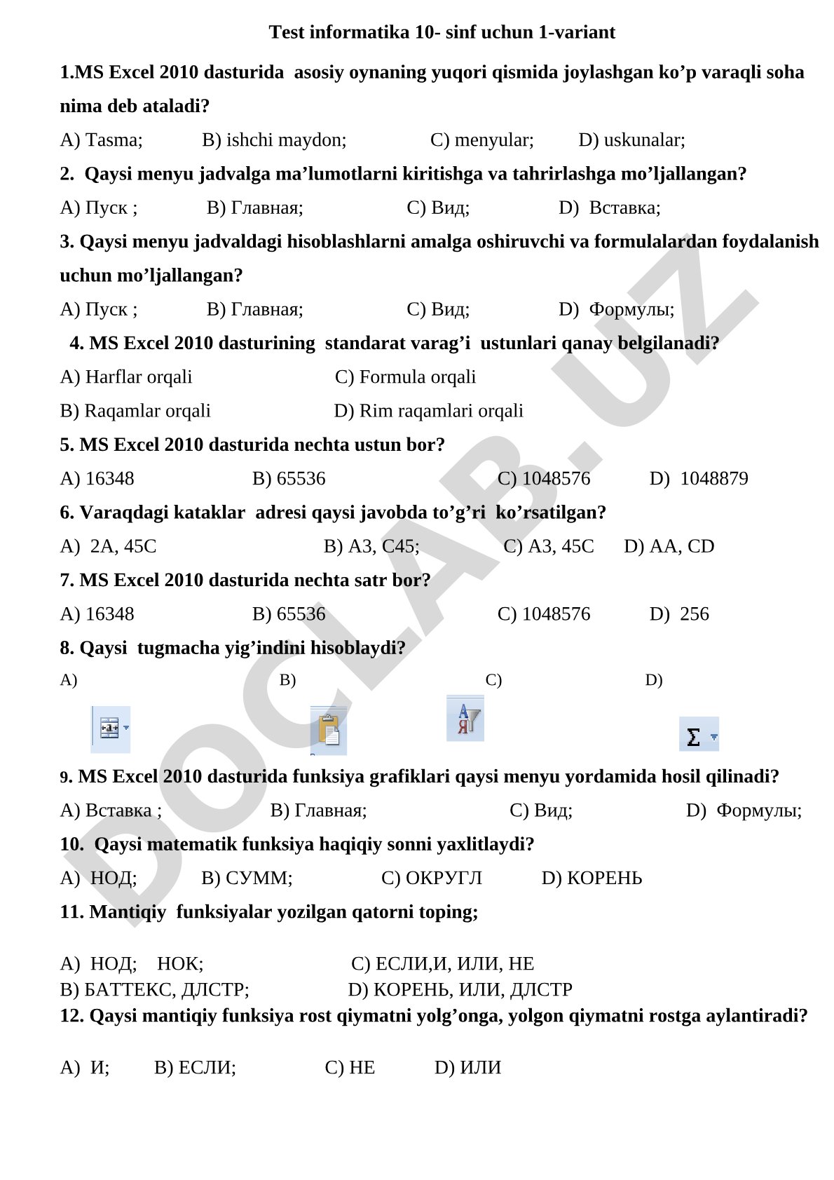 Informatika 10-sinf uchun MS Excel 2010 testi