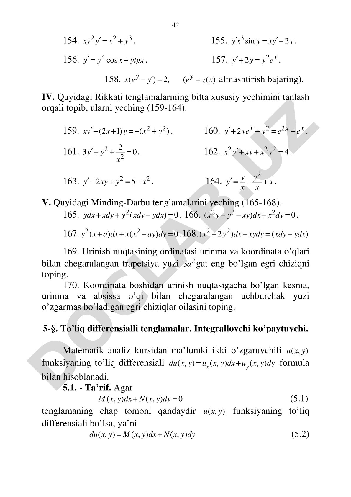 To'liq differensialli tenglamalar. Integrallovchi ko'paytuvchi.