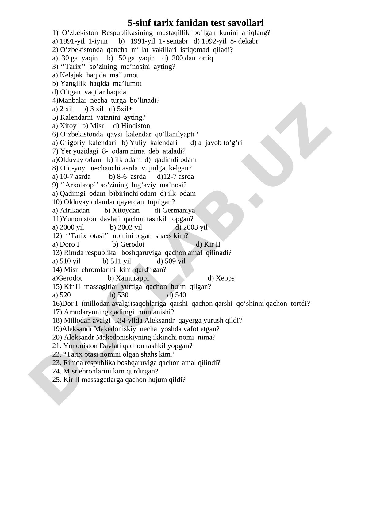 5-sinf tarix fanidan test savollari